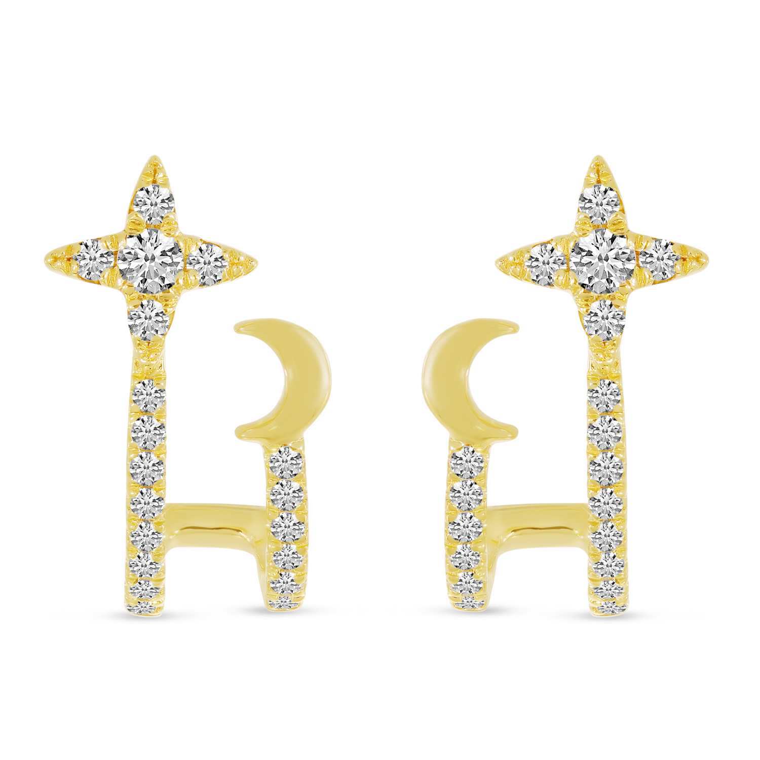 14K Yellow Gold Star & Moon Diamond Cuff Earrings