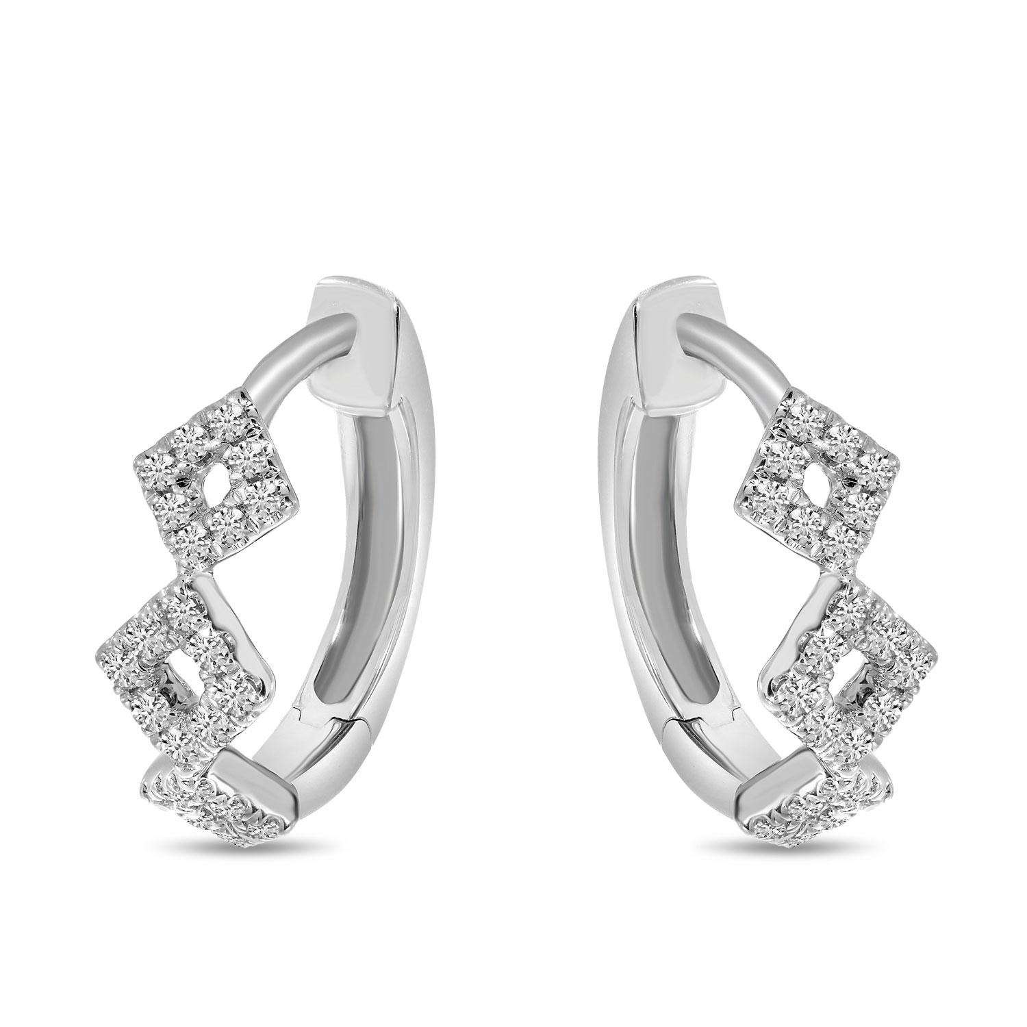 14K White Gold Diamond Geometric Hoop Earrings