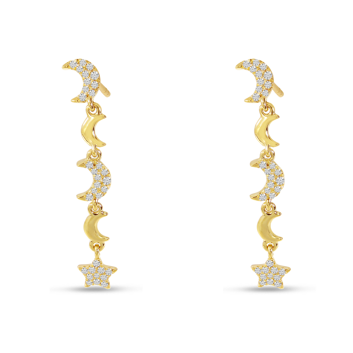 14K Yellow Gold Star & Moon Diamond Dangle Earrings