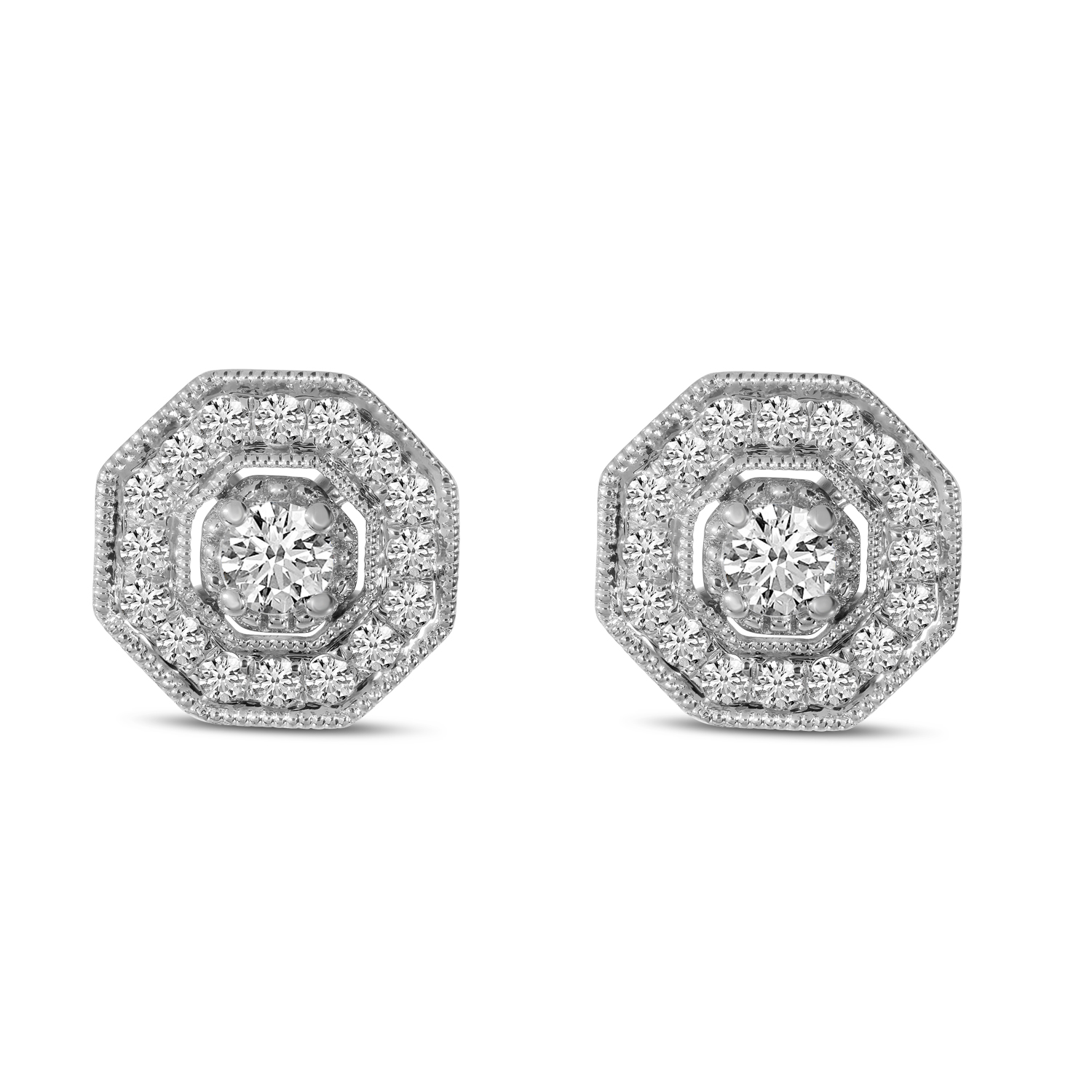 14K White Gold Art Deco Diamond Stud Earrings