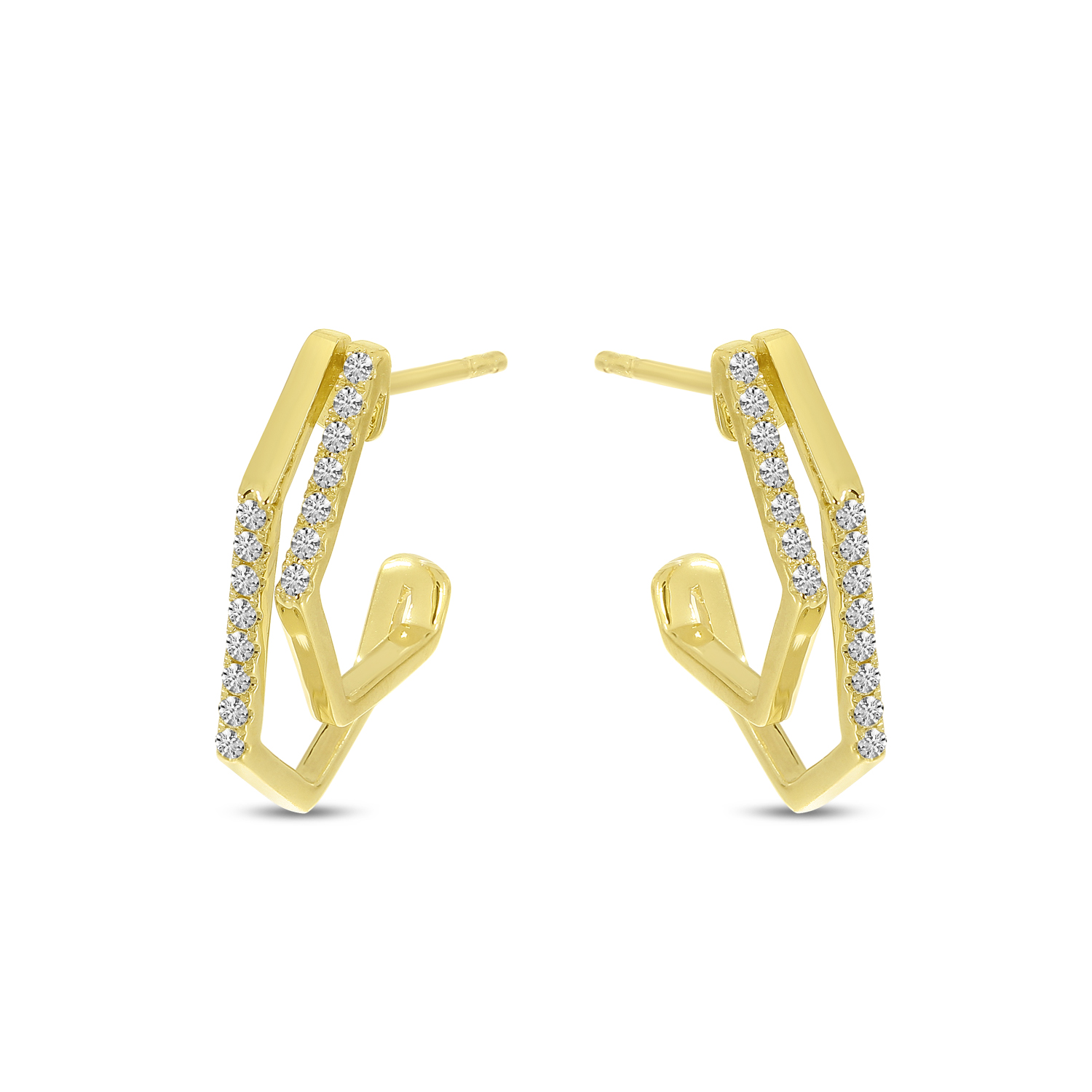 14K Yellow Gold Diamond Geometric Double Hoop Earrings