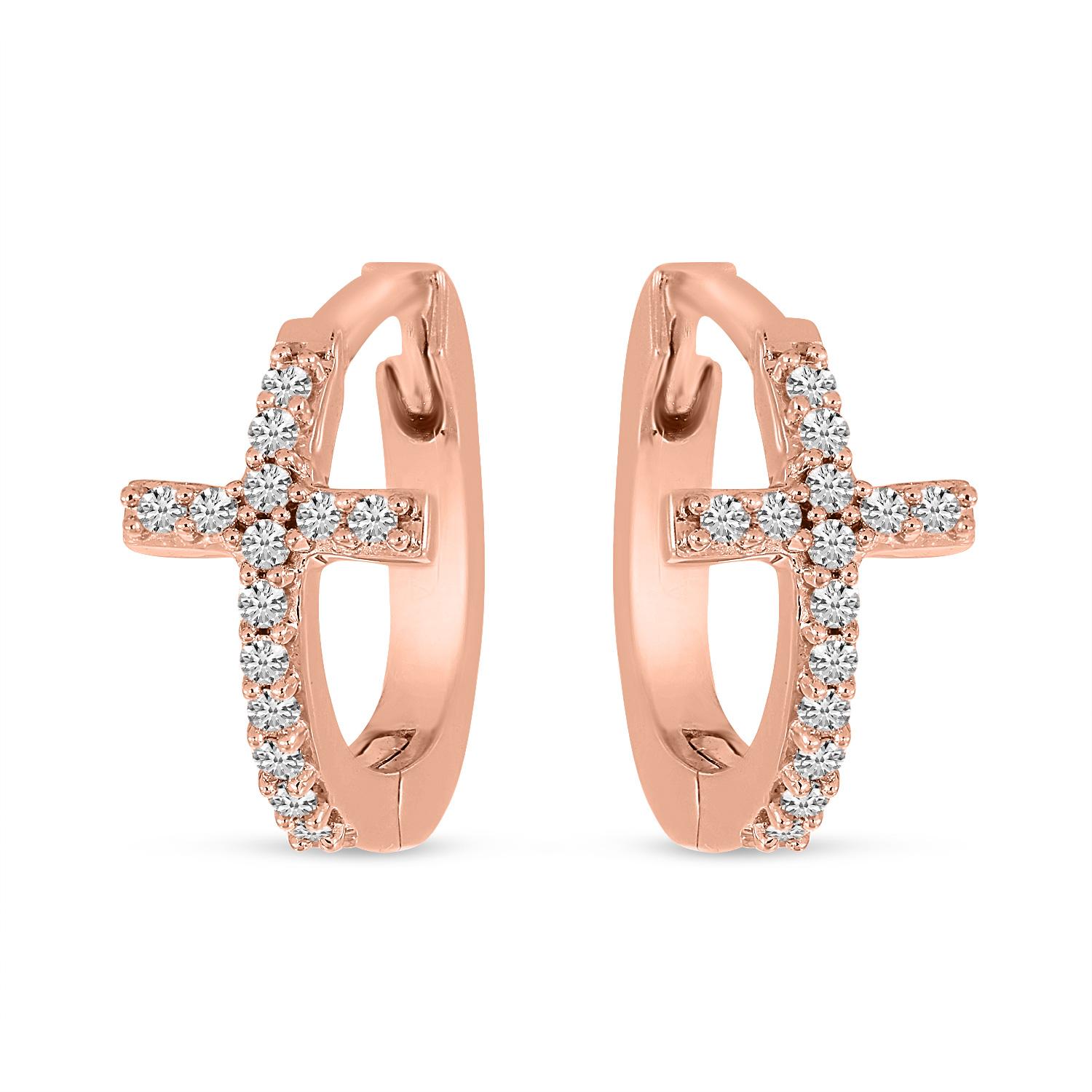 14K Rose Gold Diamond Cross Huggie Earrings