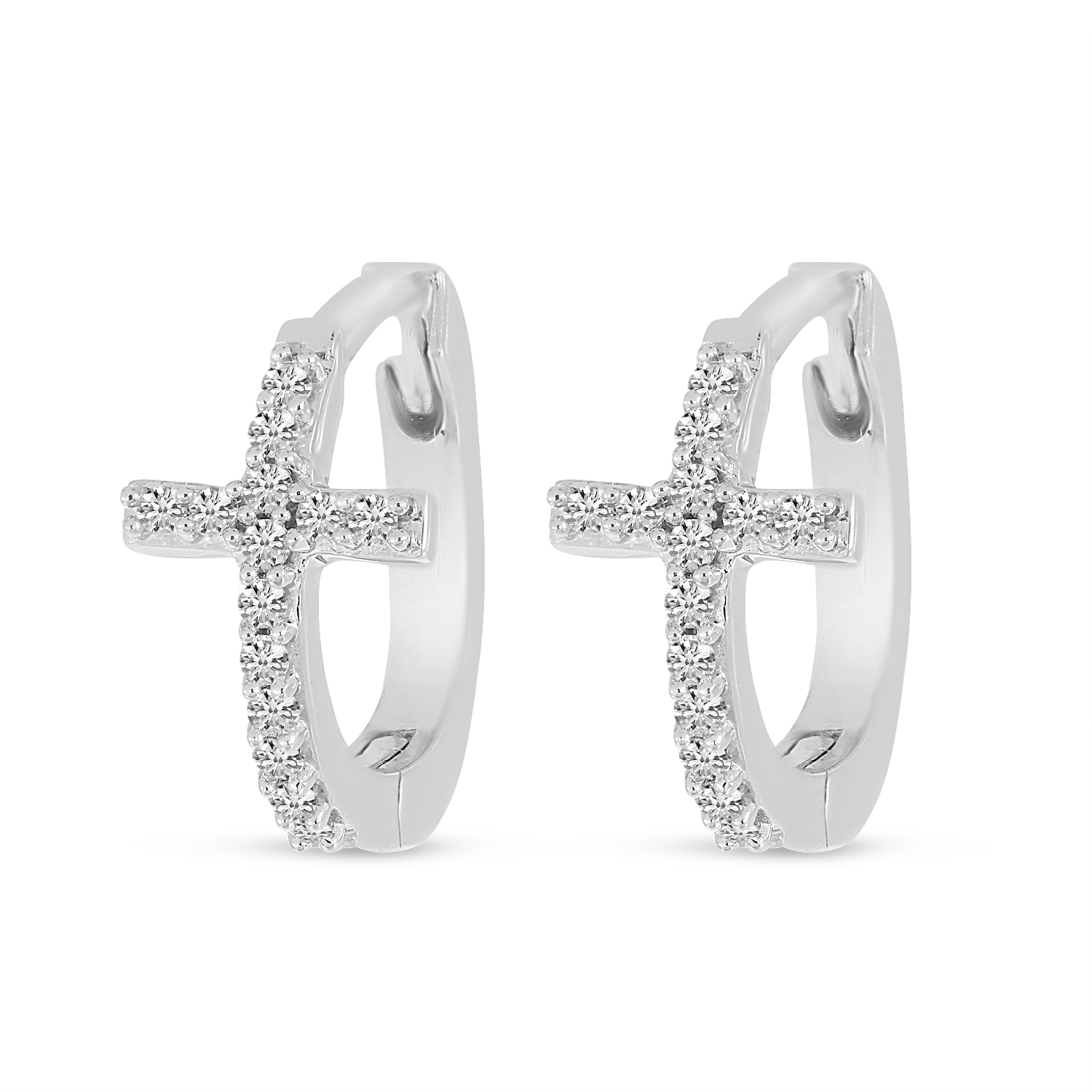 14K White Gold Diamond Cross Huggie Earrings