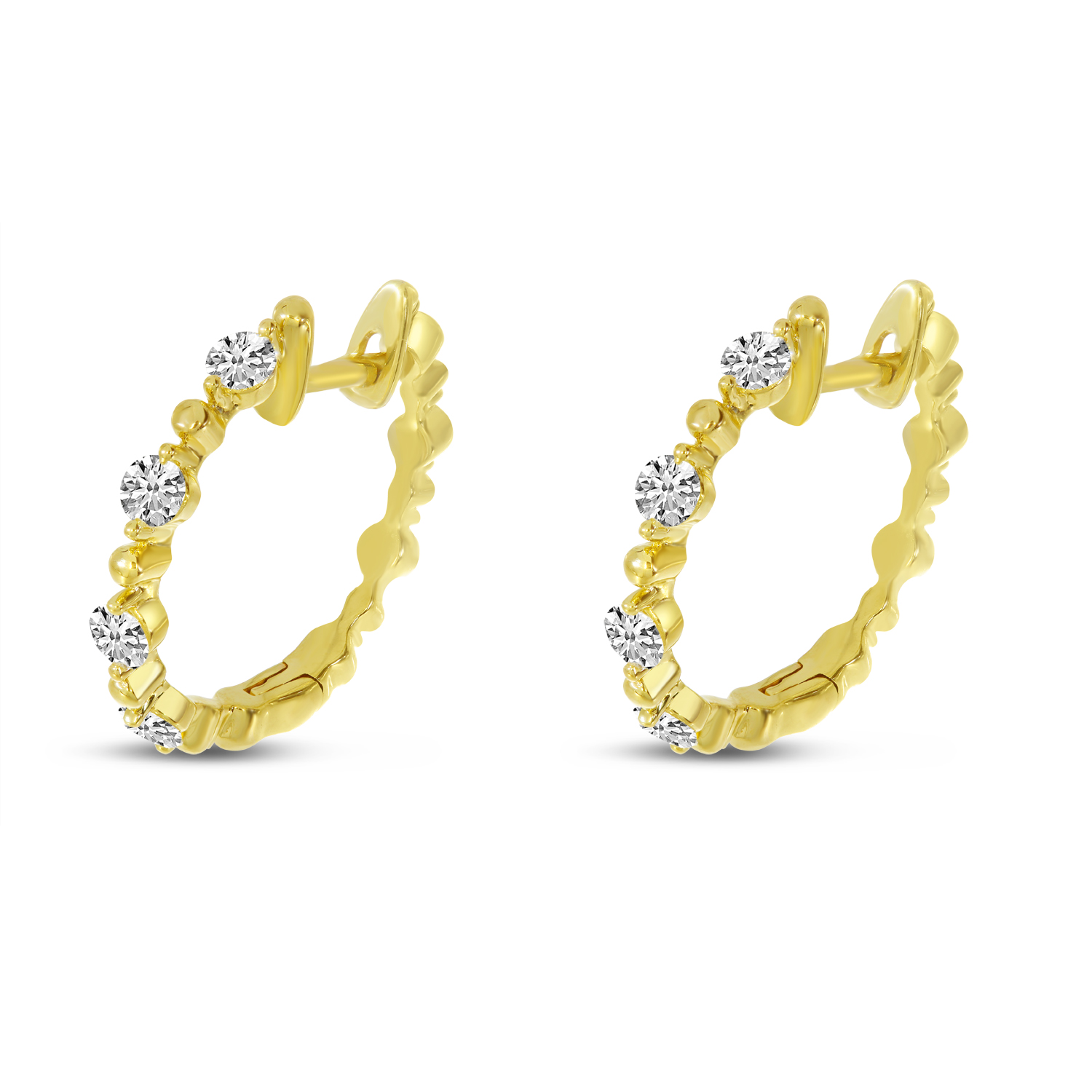 14K Yellow Gold Diamond Beaded Hoop Earrings