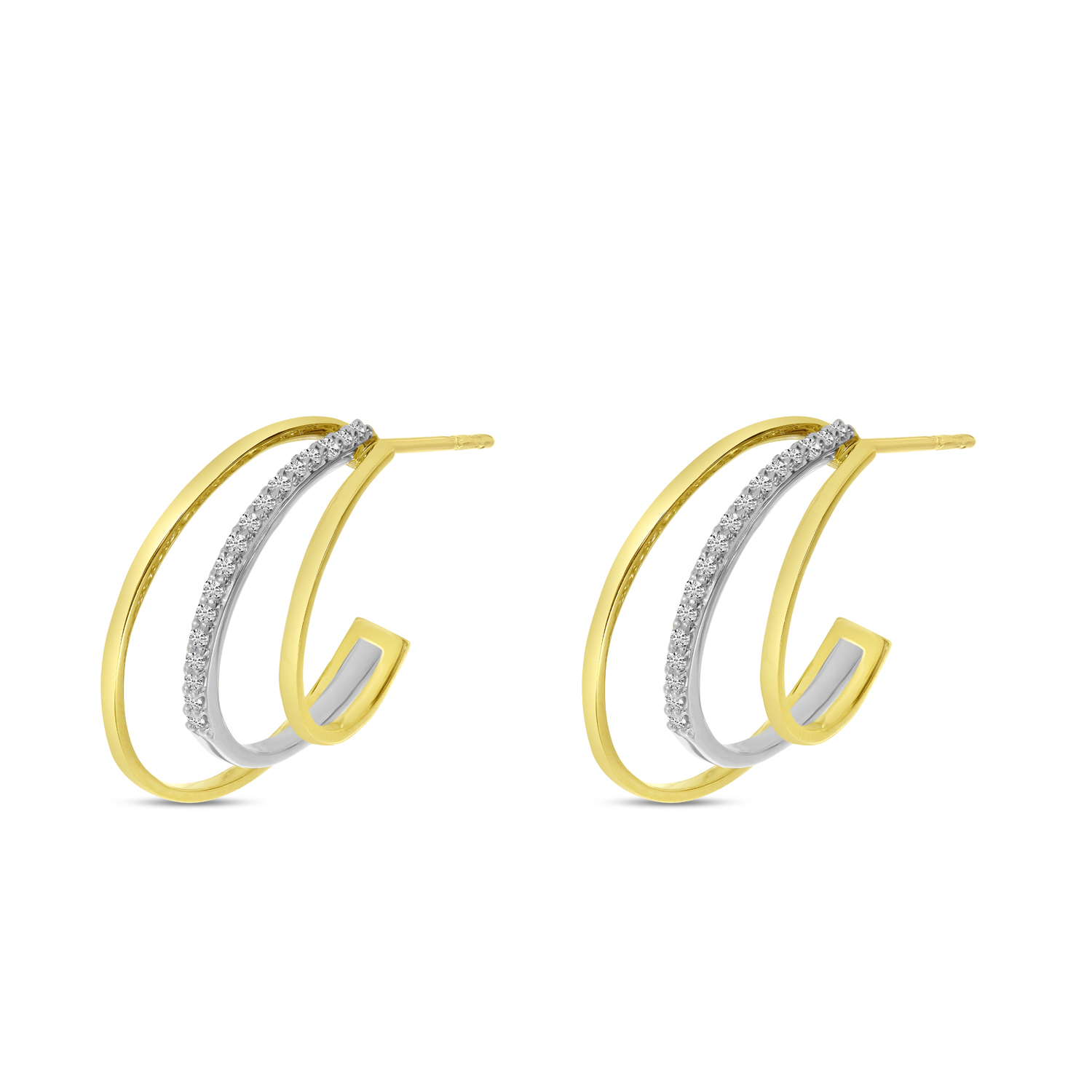 14K Two-Tone Gold Diamond Triple Huggie Earrings