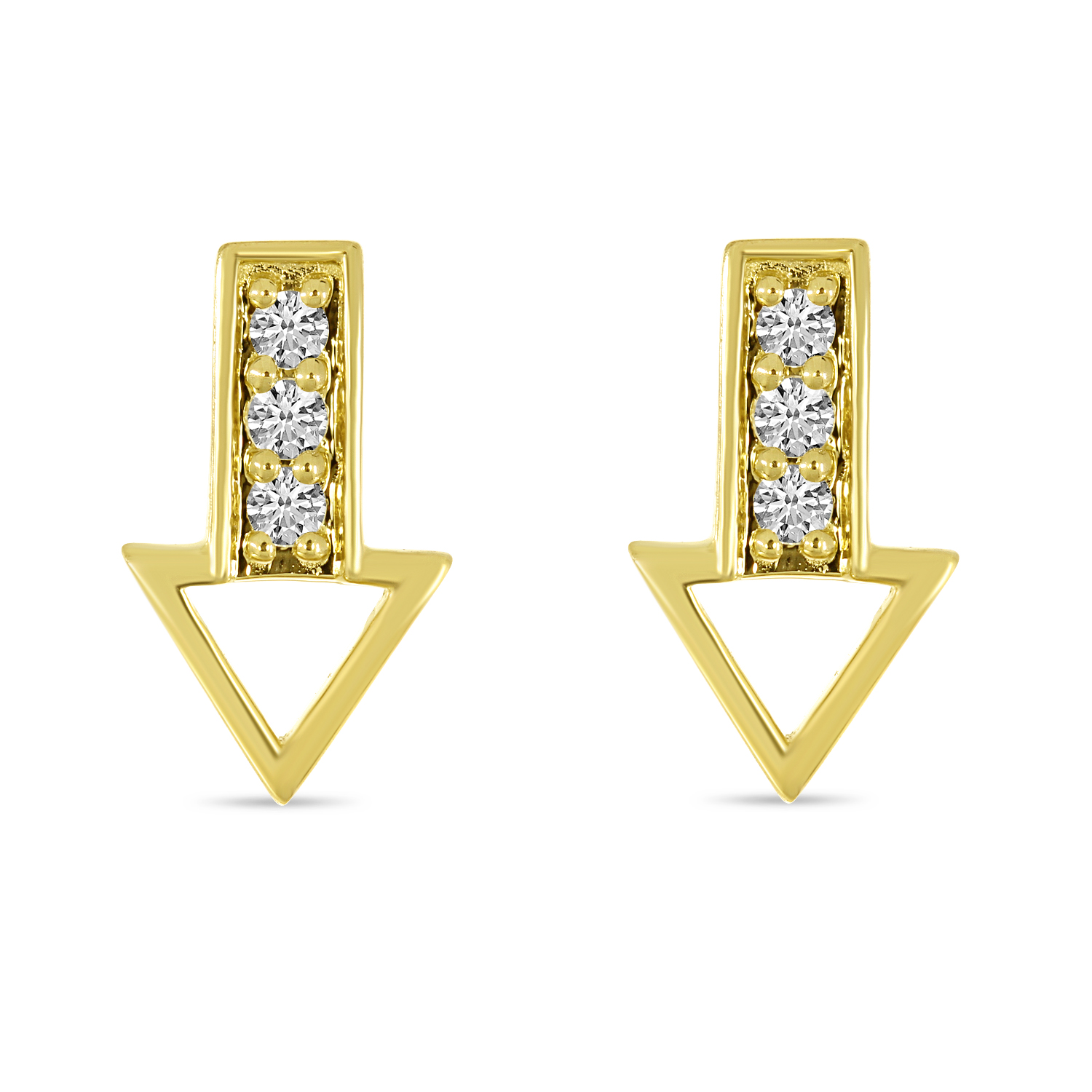 14K Yellow Gold Triple Diamond Arrow Stud Earrings