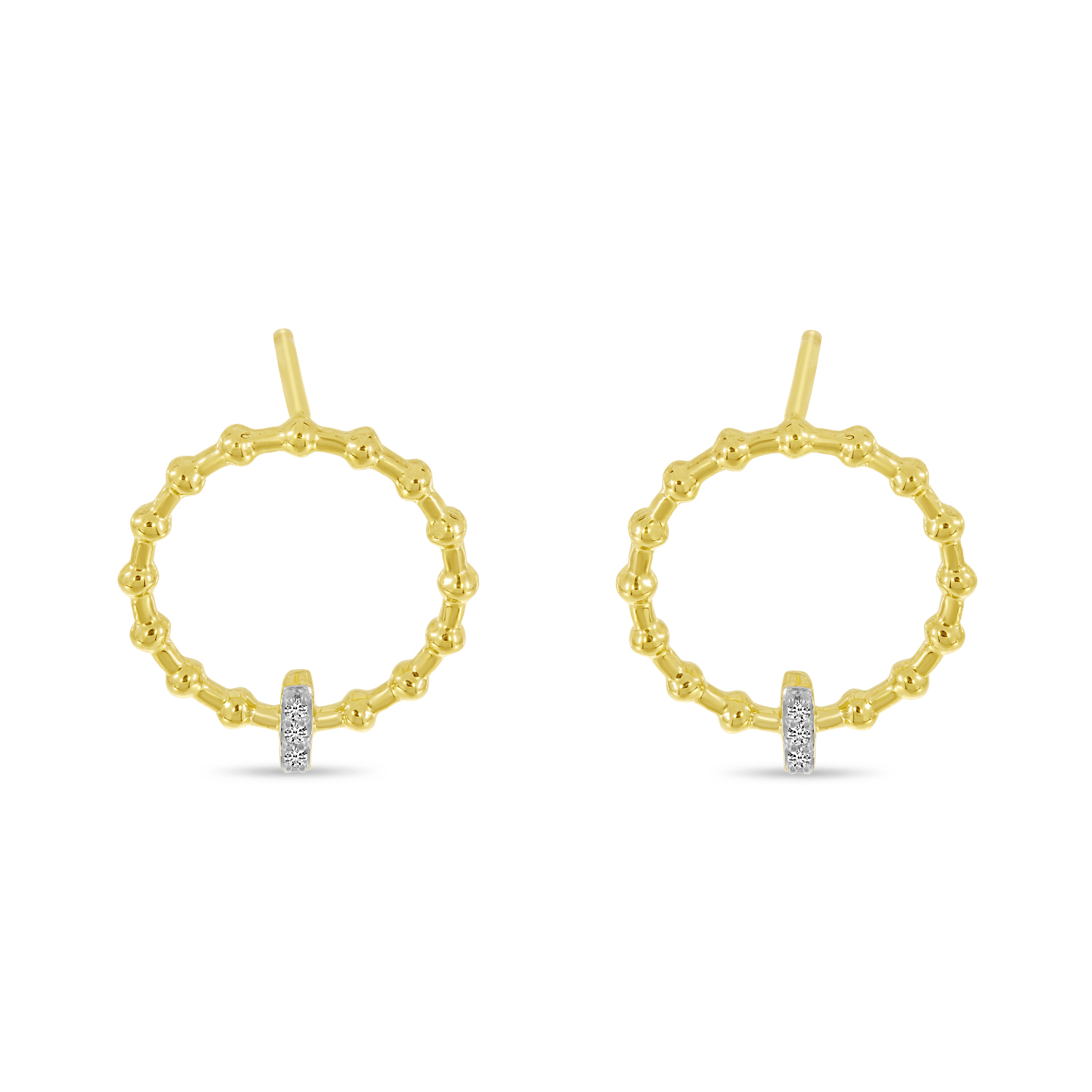 14K Yellow Gold Beaded Circle Diamond Bar Earrings