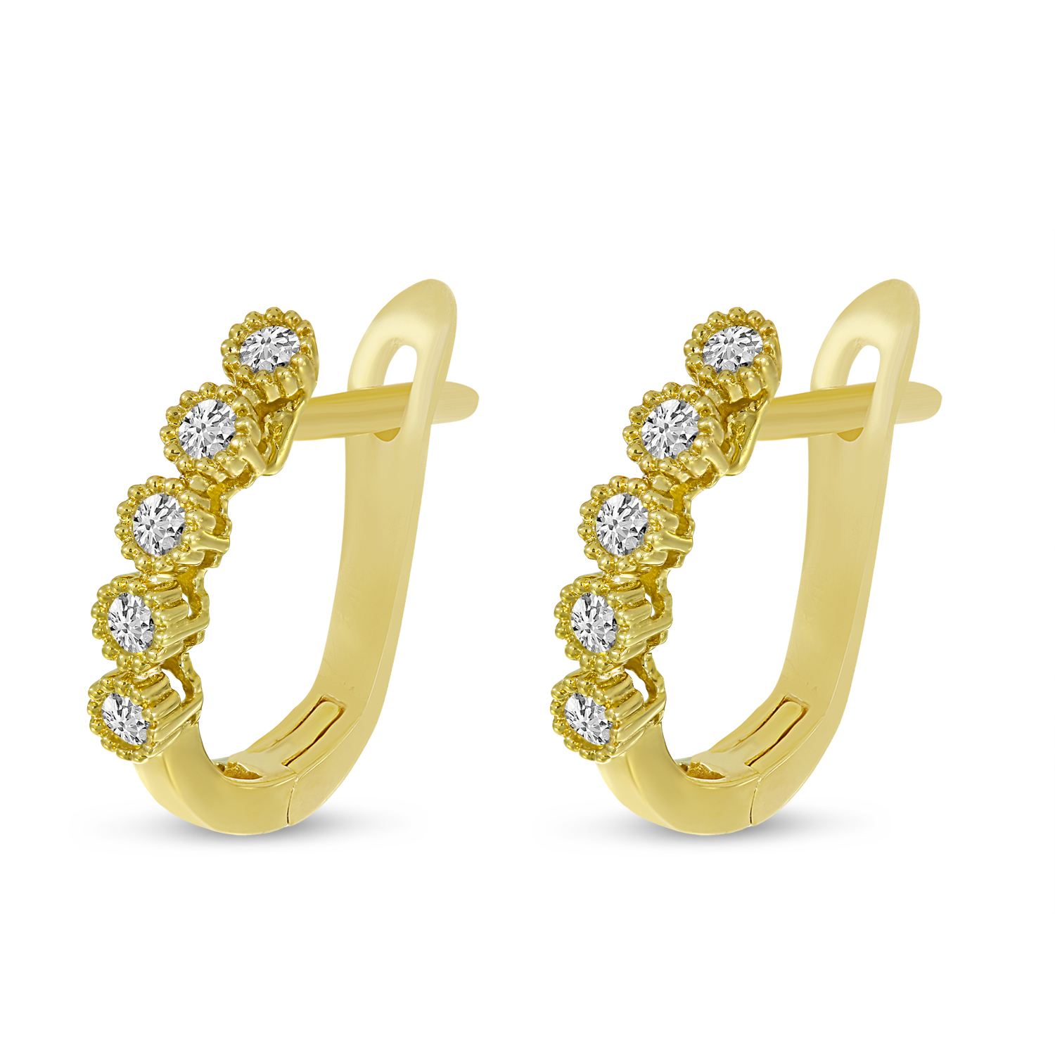 14K Yellow Gold 5 Diamond Millgrain Hoop Earrings