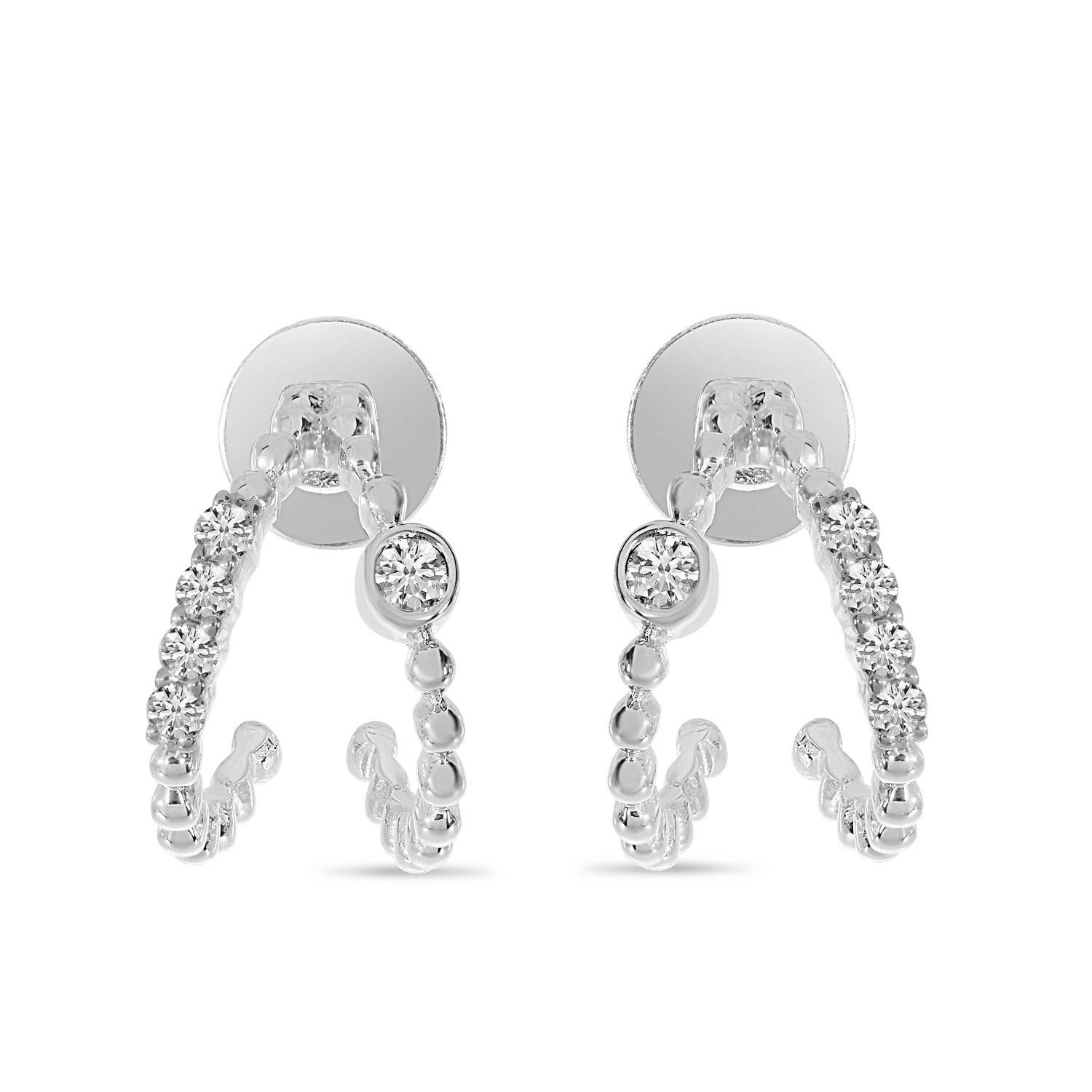 14K White Gold Diamond Beaded Double Huggie Earrings