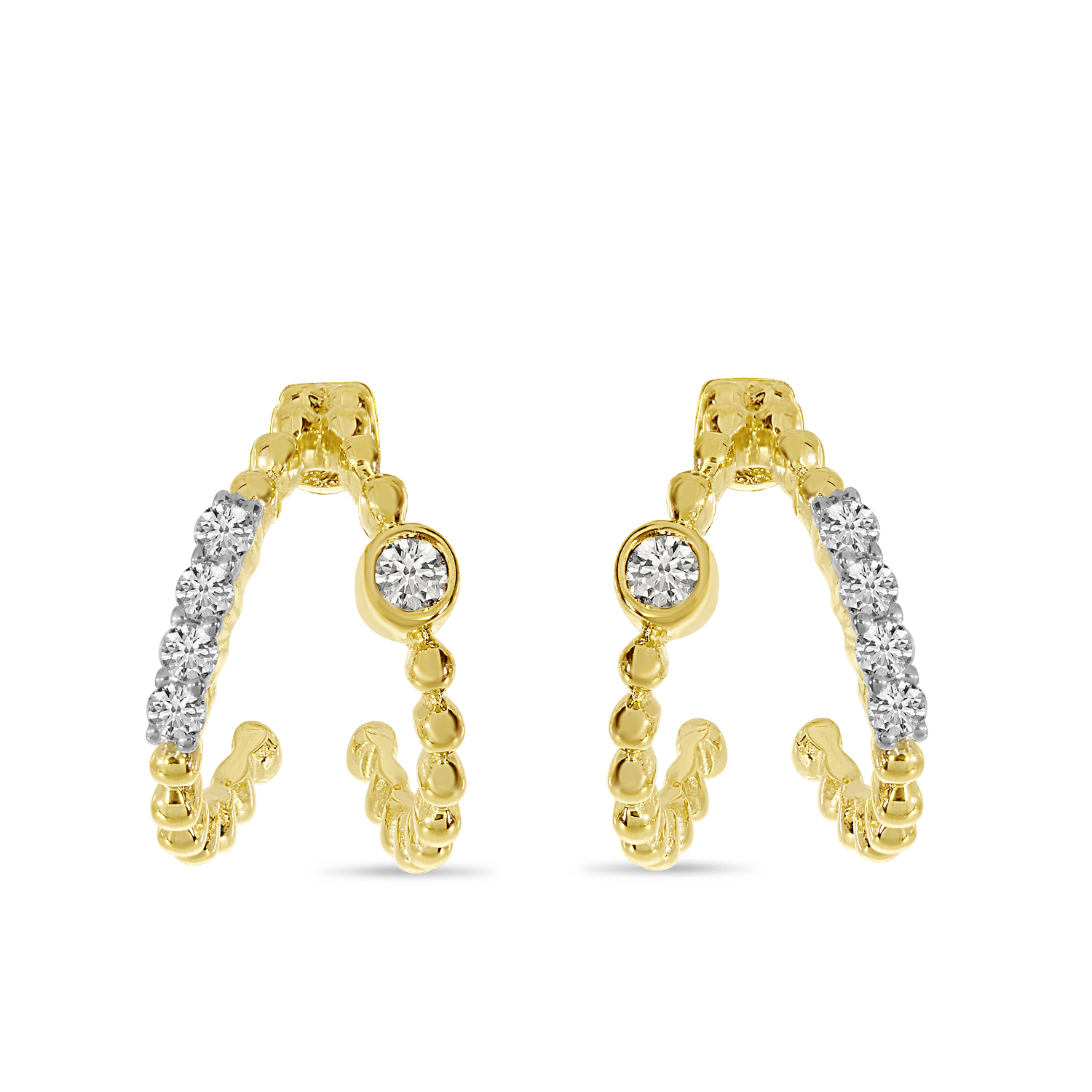 14K Yellow Gold Diamond Beaded Double Huggie Earrings