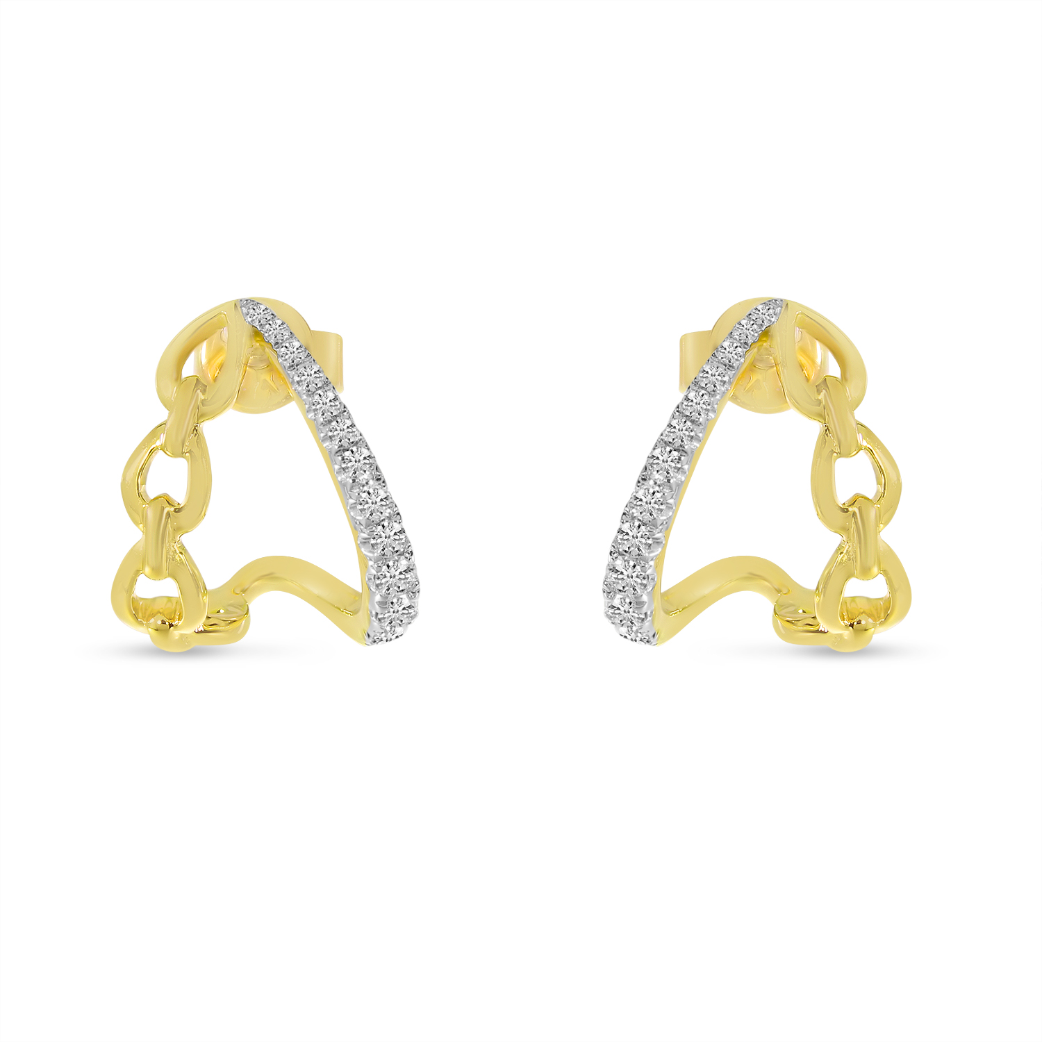 14K Yellow Gold Diamond & Link Split Huggie Earrings