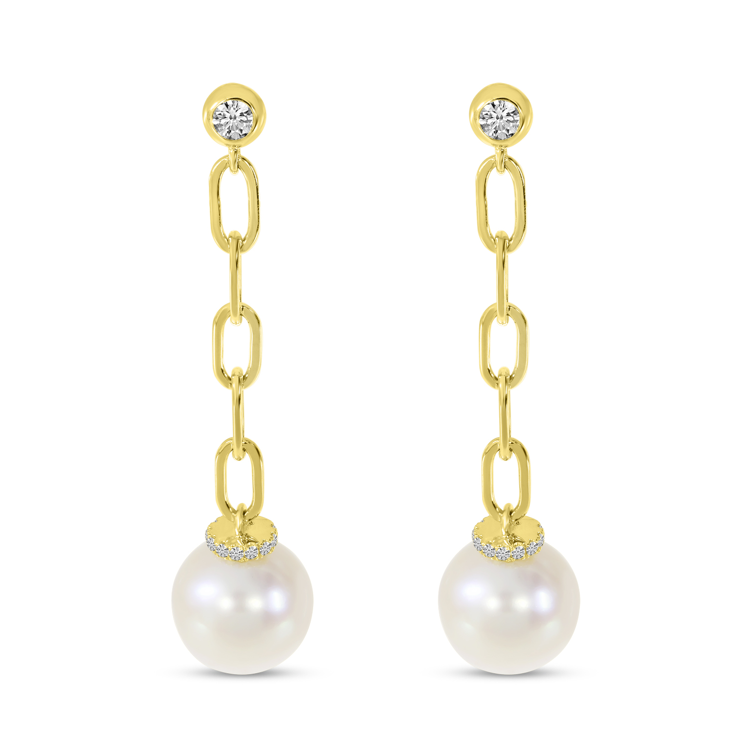 14K Yellow Gold Diamond and Pearl Link Dangle Earrings