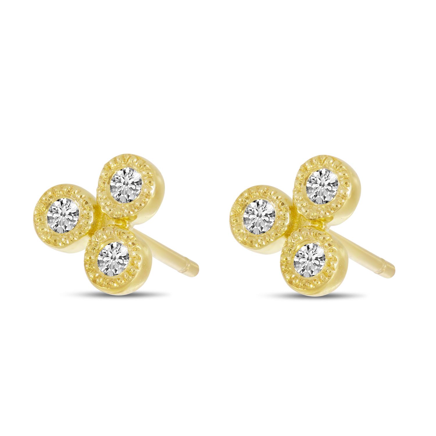 14K Yellow Gold Triple Diamond Stud Earrings