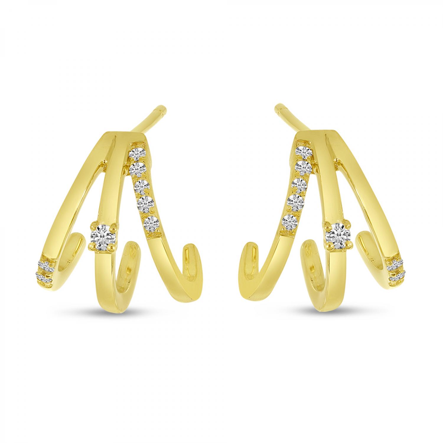 14K Yellow Gold Triple Diamond Huggie Earrings