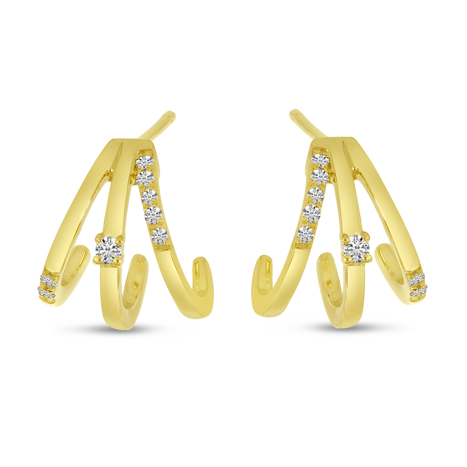 14K Yellow Gold Triple Diamond Huggie Earrings