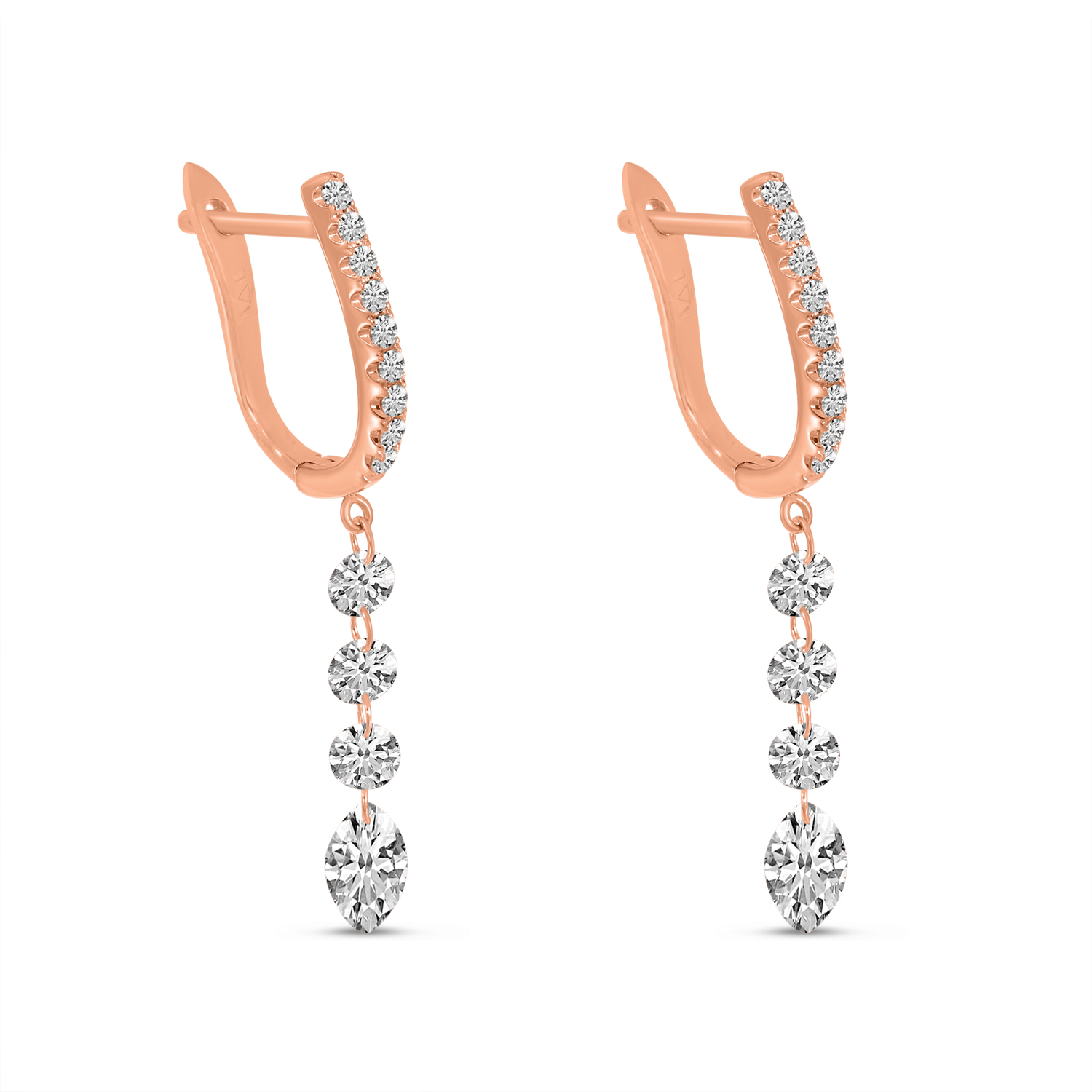 14K Rose Gold Dashing Diamonds Round & Marquis Drop Earrings