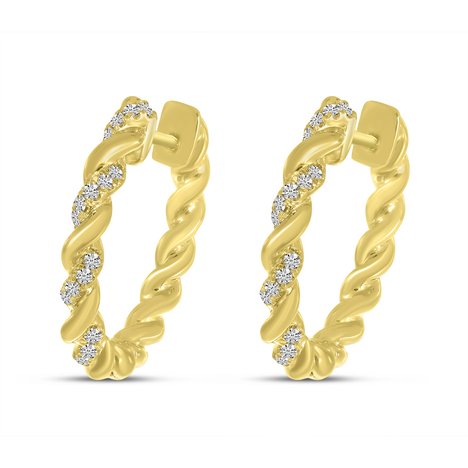 14K Yellow Gold Diamond Twist Huggie Earrings