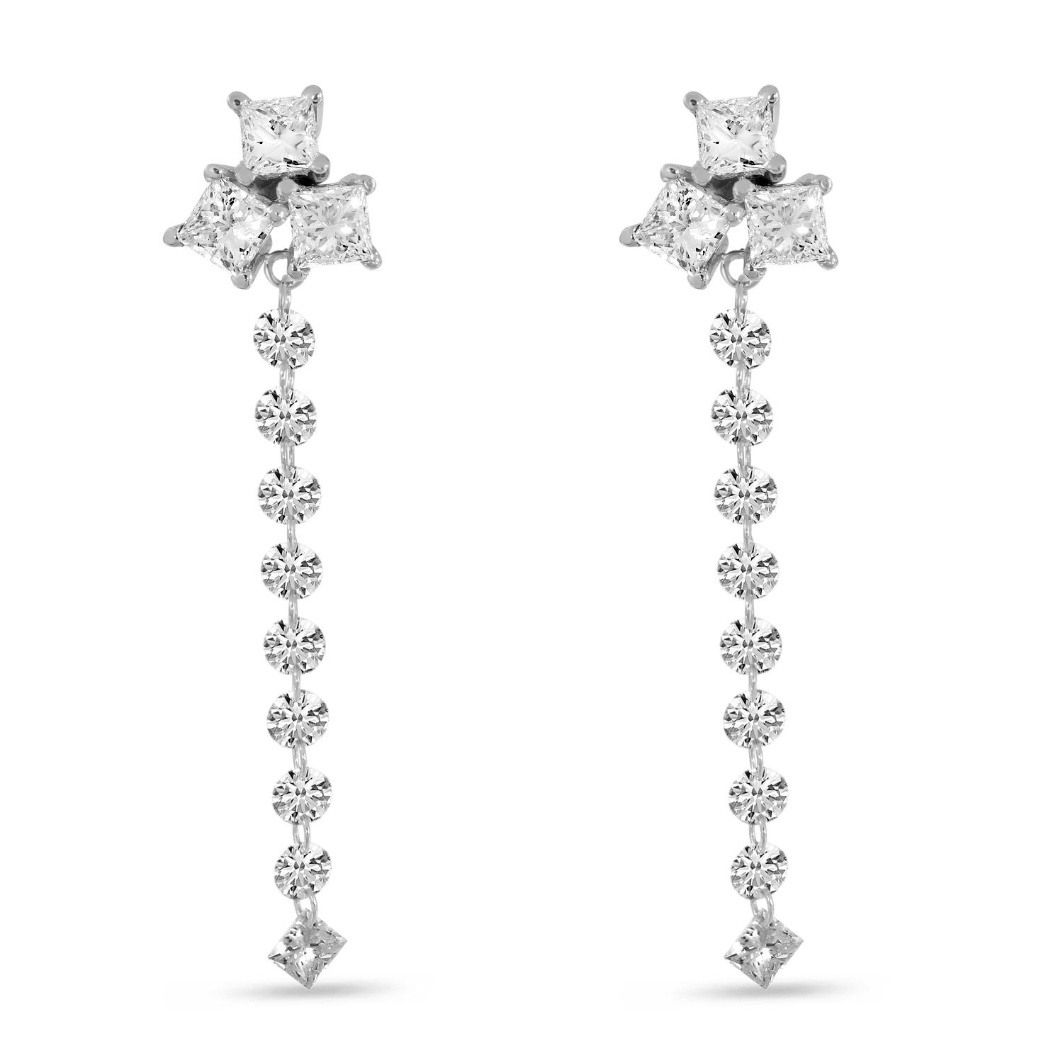 14K White Gold Dashing Diamond Princess Cut Cluster Dangle Earrings