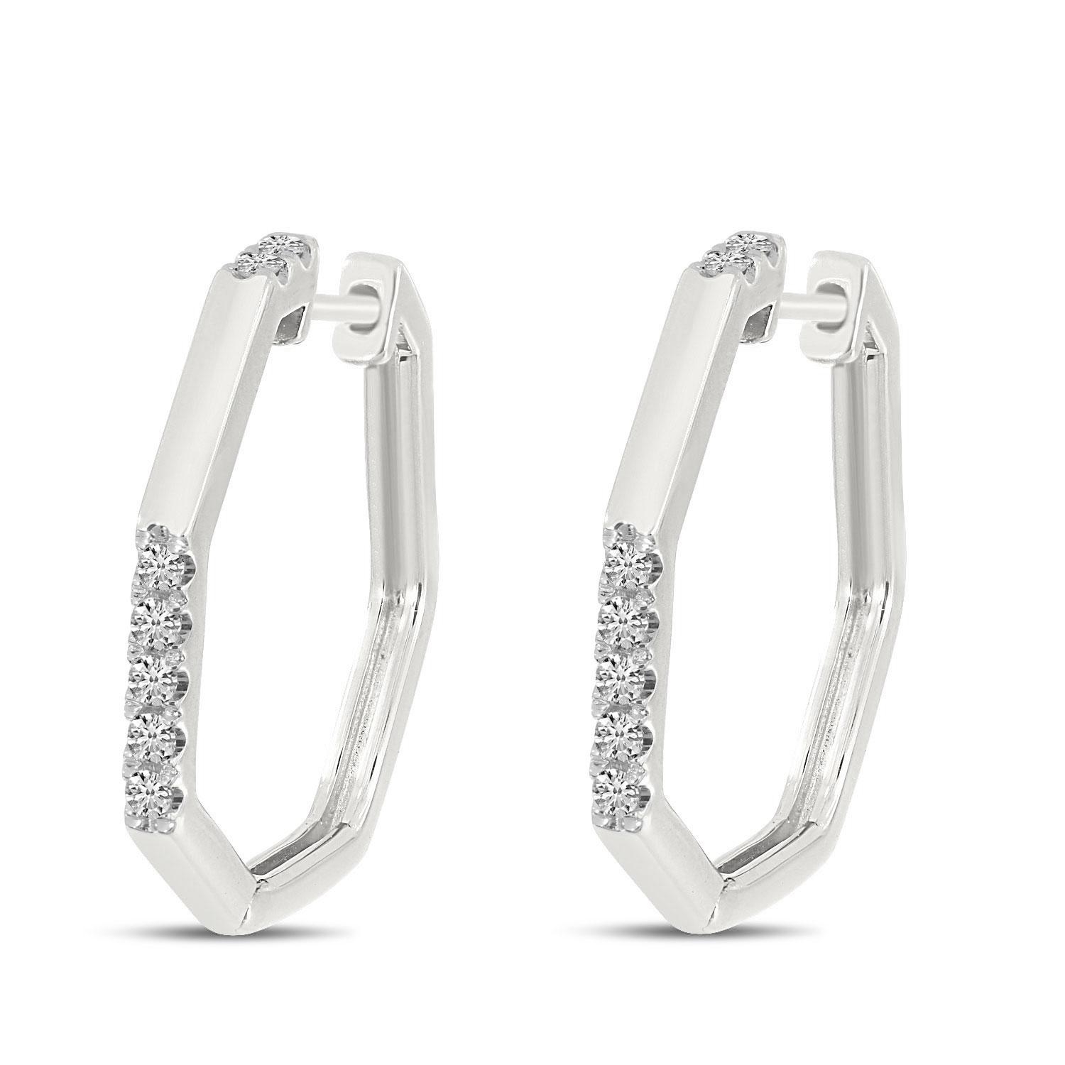 14K White Gold Diamond Geometric Hoop Earrings