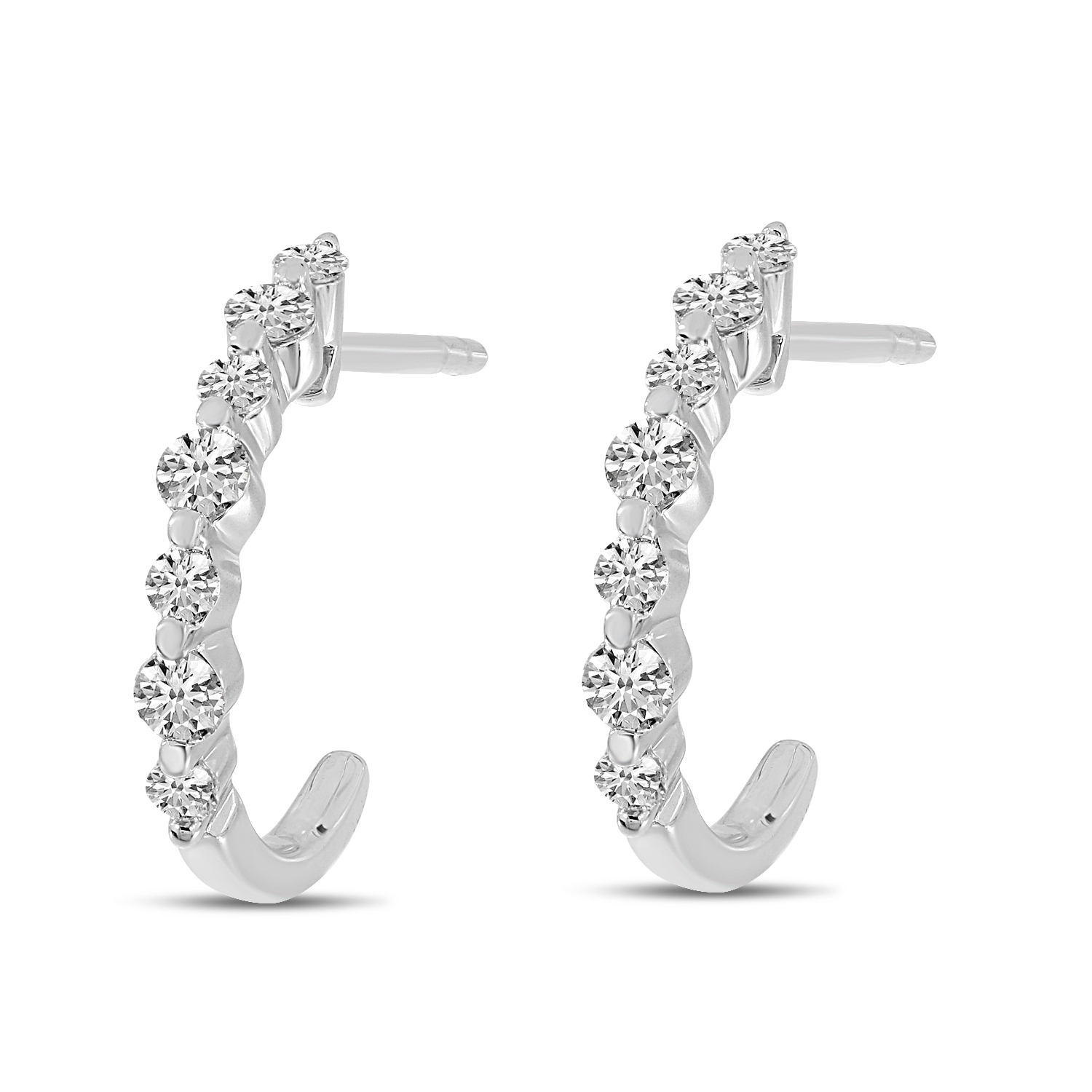 14K White Gold Shared Prong Diamond Half Huggie Earrings