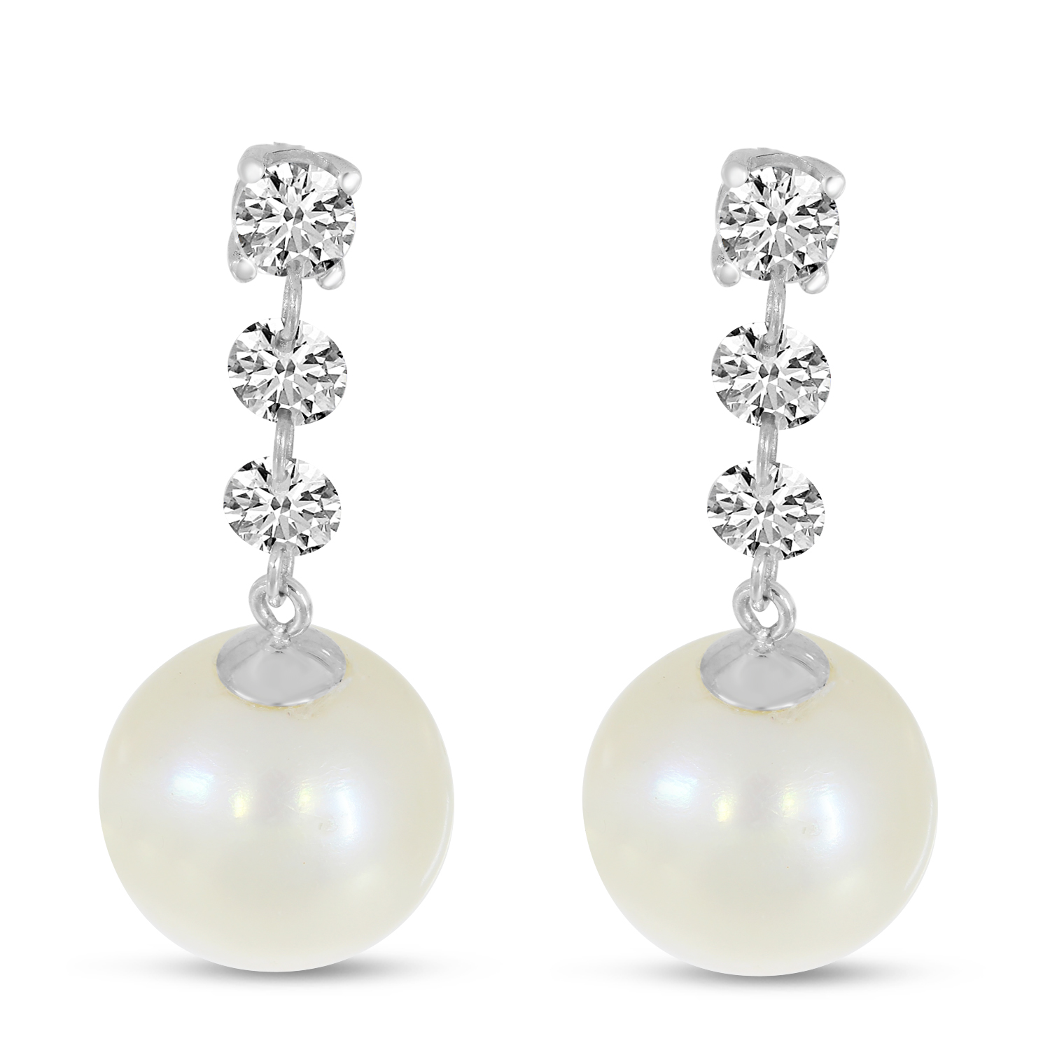 14K White Gold Dashing Diamonds 3-Stone Drop Pearl Earrings