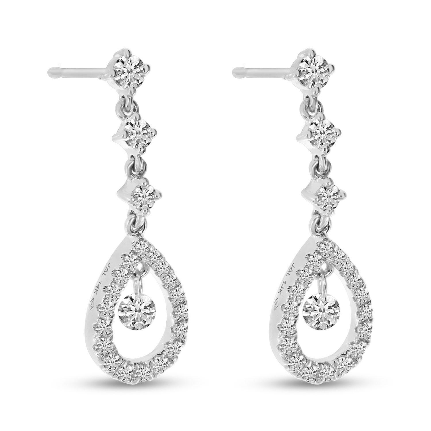 14K White Gold .49 Ct Dashing Diamond Dangling Pear Earrings