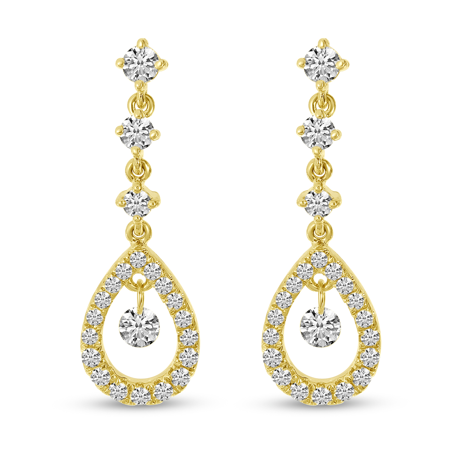 14K Yellow Gold .49 Ct Dashing Diamond Dangling Pear Earrings