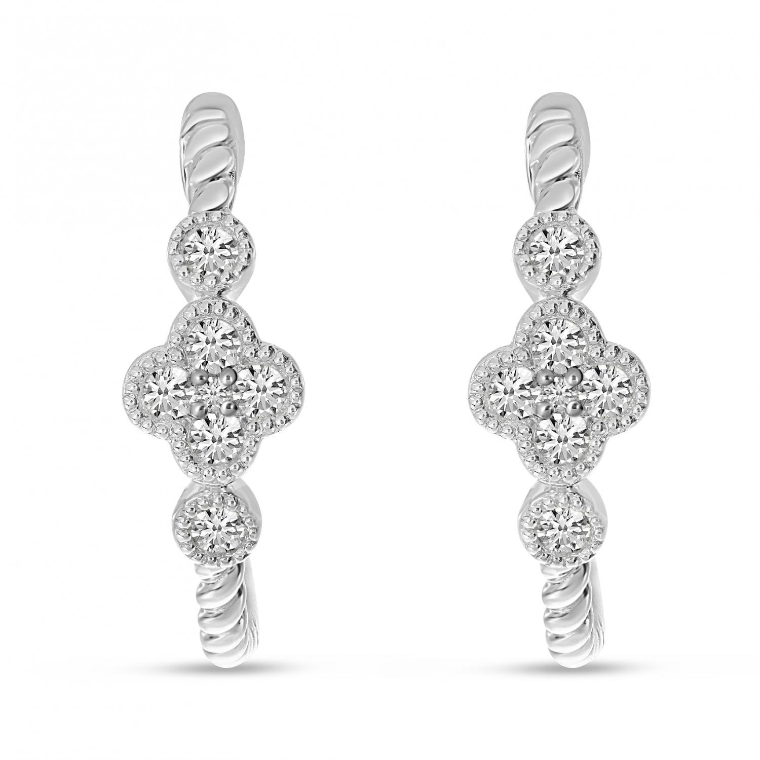 14K White Gold Diamond Clover Twist Hoop Earrings