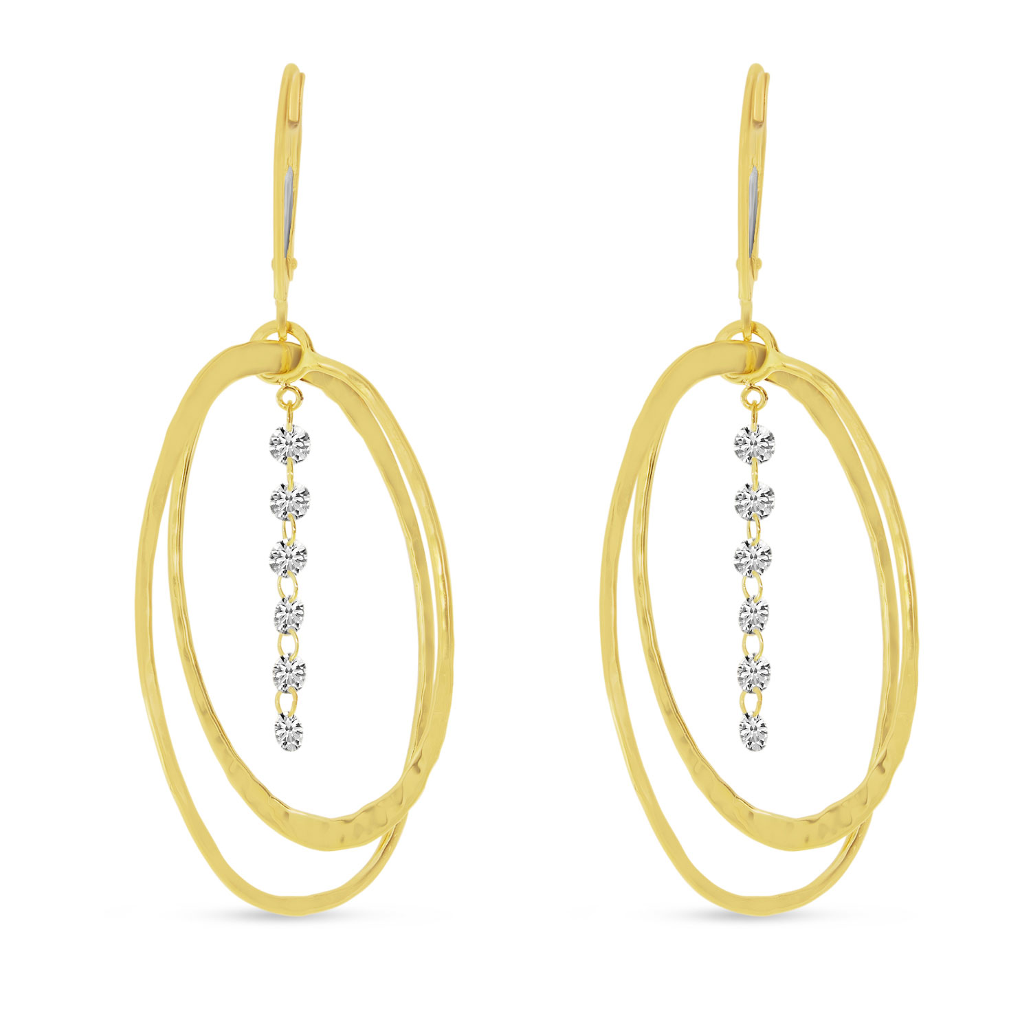 14K Yellow Gold Dashing Diamonds Double Oval 3D Earrings