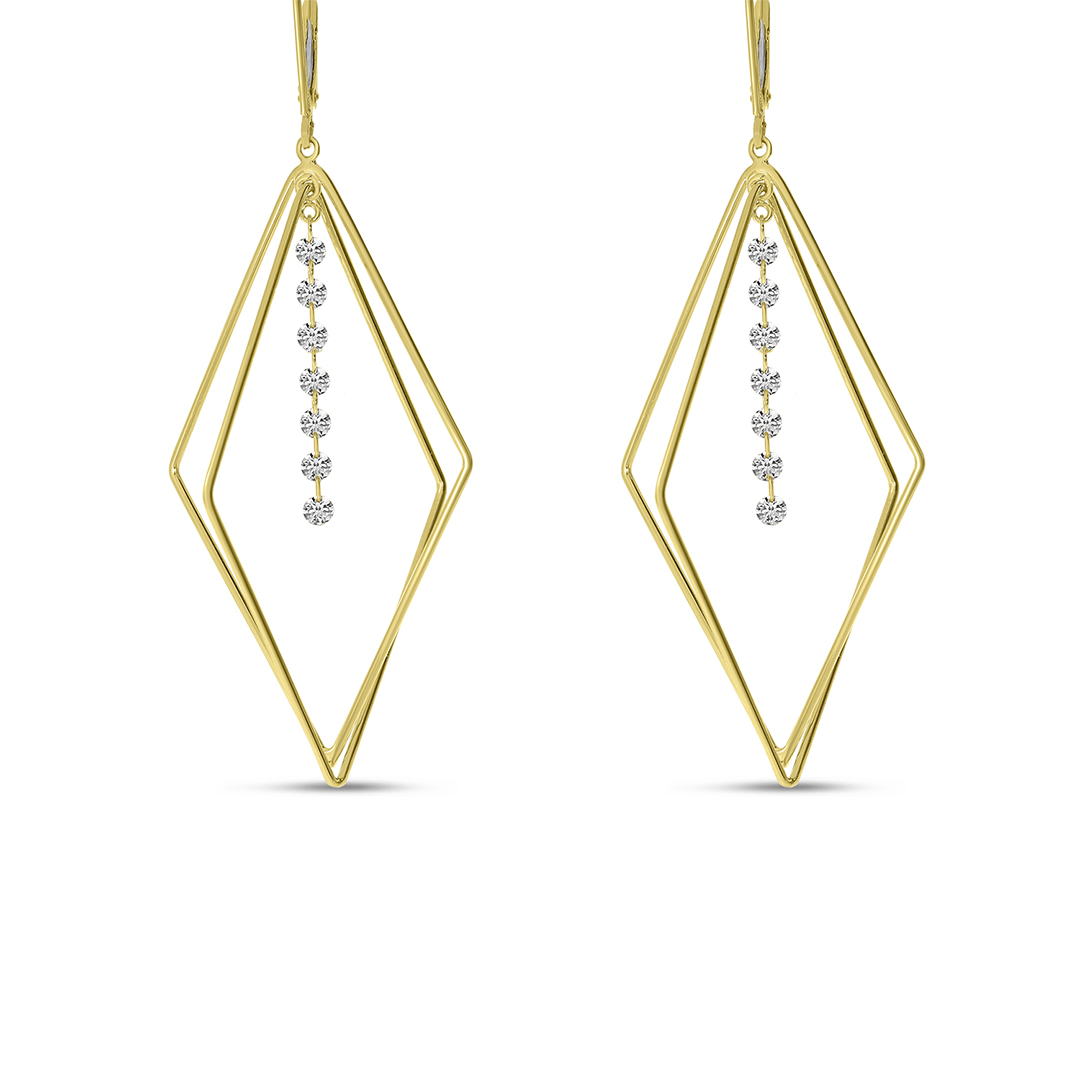 14K Yellow Gold Dashing Diamond 3-D Geometric Earrings 