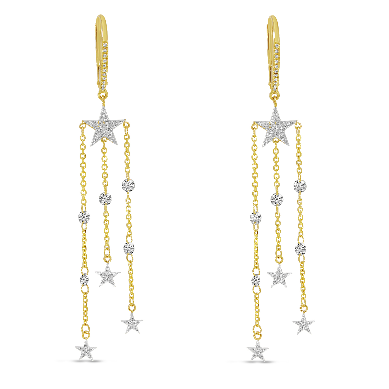 14K Yellow Gold Dashing Diamond Star Chandelier Earrings