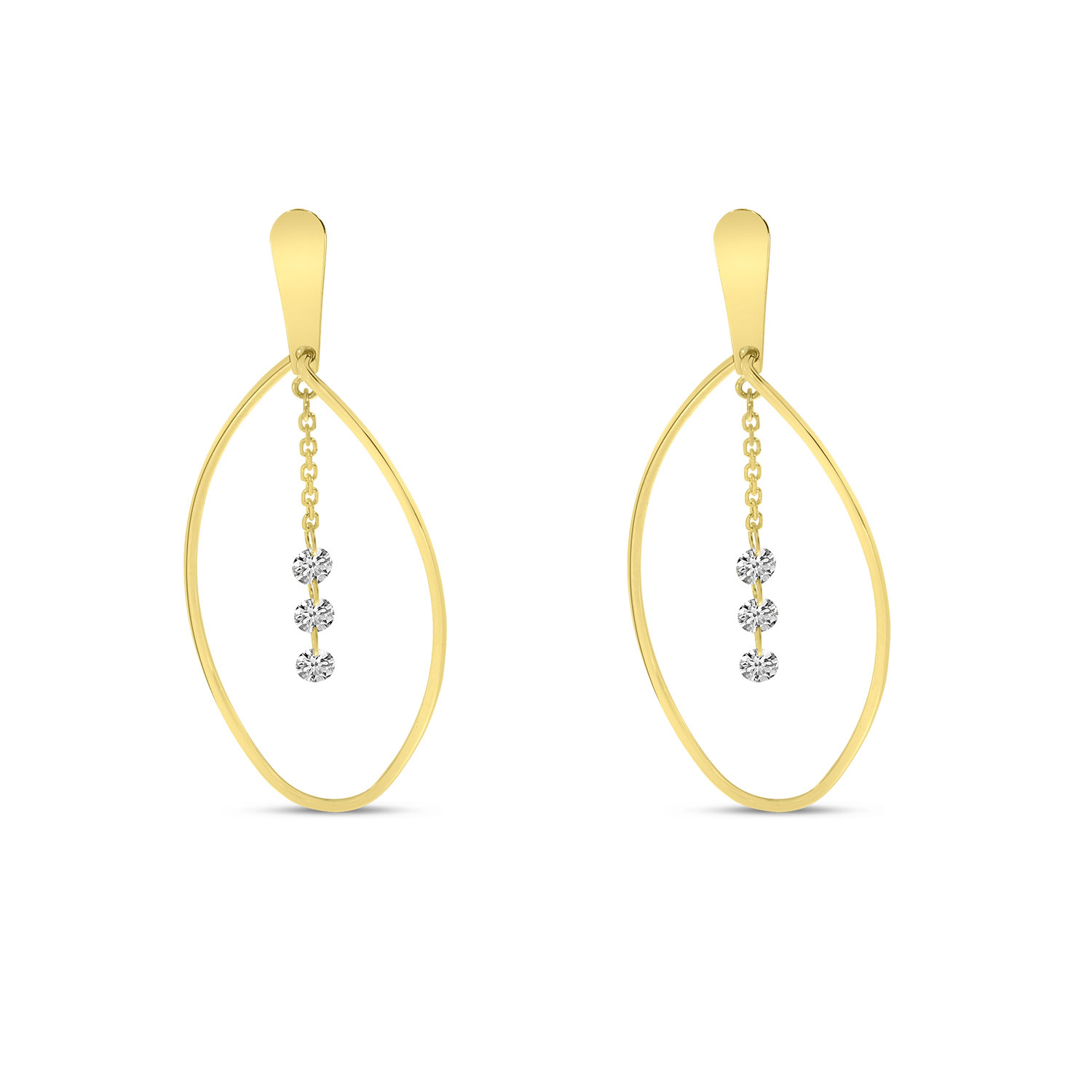 14K Yellow Gold Dashing Diamond Long Oval Earrings