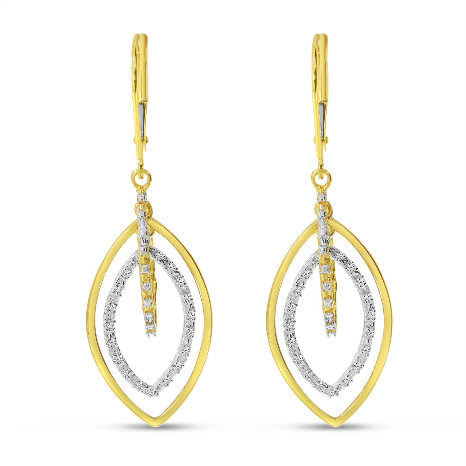 14K Two Tone Gold Marquee Shape Diamond Dangle Earrings