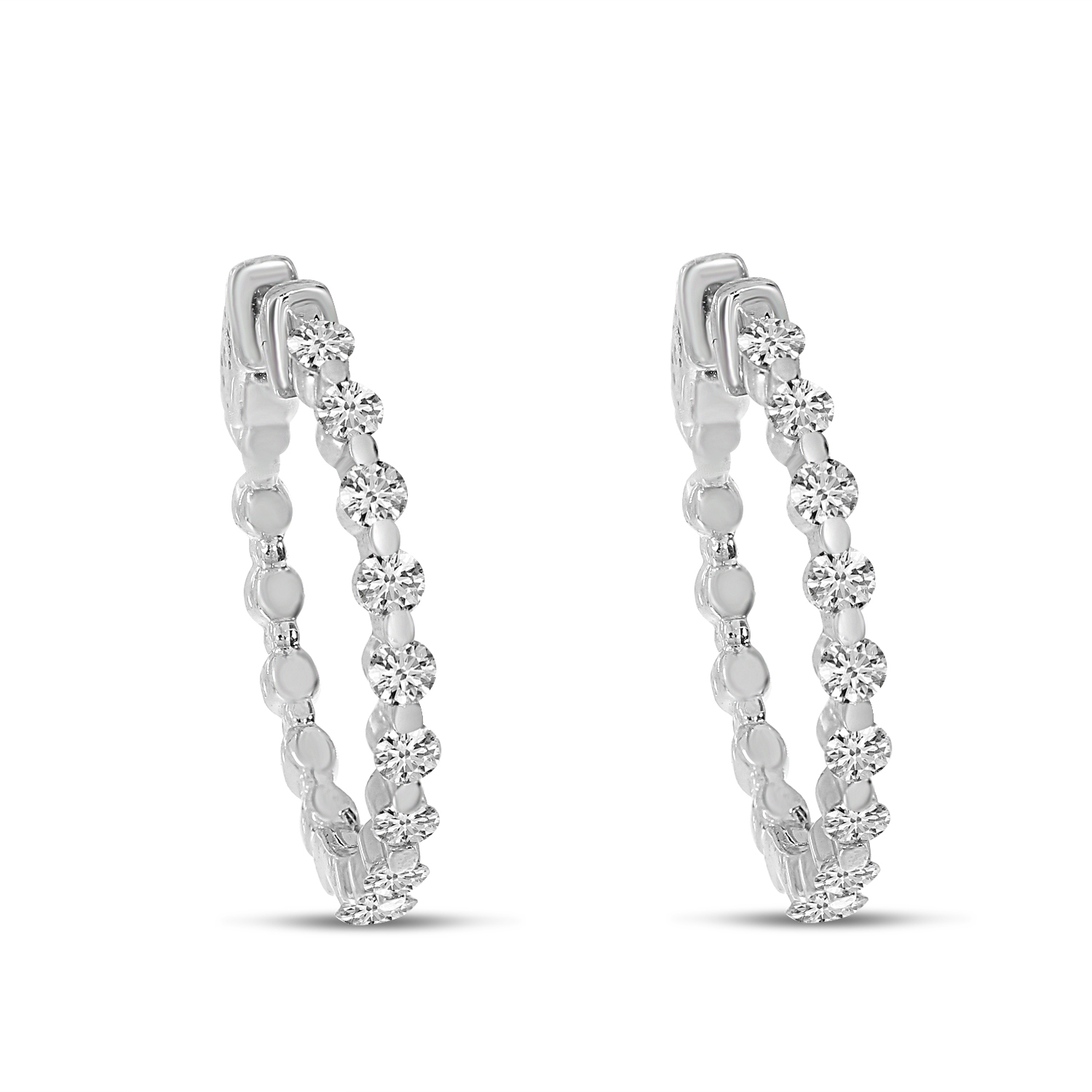 14K White Gold Diamond Shared Prong Hoops- 1CT