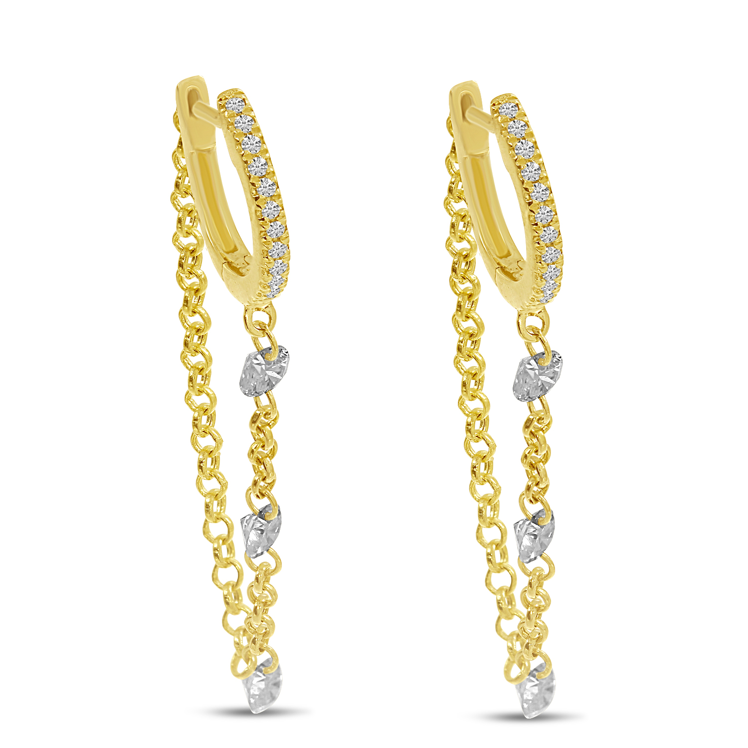 14K Yellow Gold Dashing Diamond 3 Station Huggie Earrings