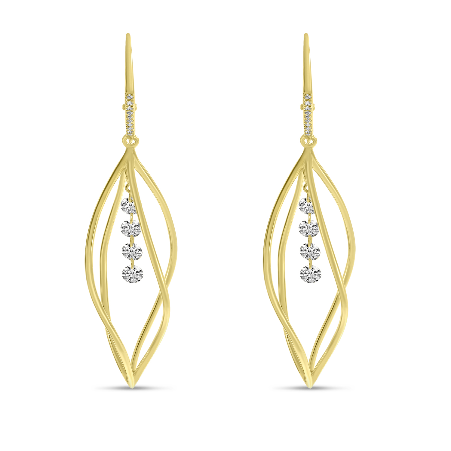 14K Yellow Gold Dashing Diamond 3D Swirl Earrings 