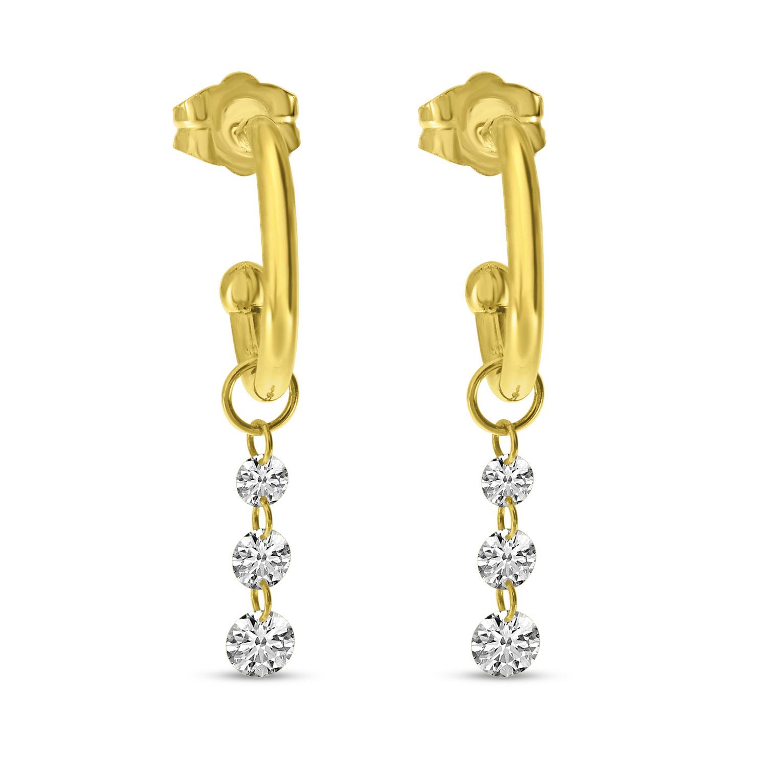 14K Yellow Gold Dashing Diamonds Hoop Charm Dangle Earrings