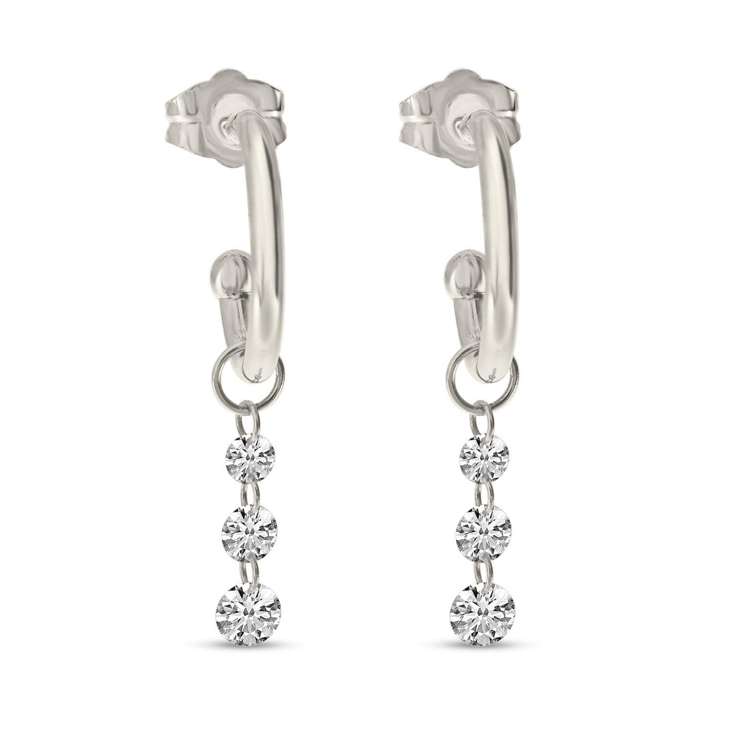 14K Yellow Gold Dashing Diamonds Hoop Charm Dangle Earrings