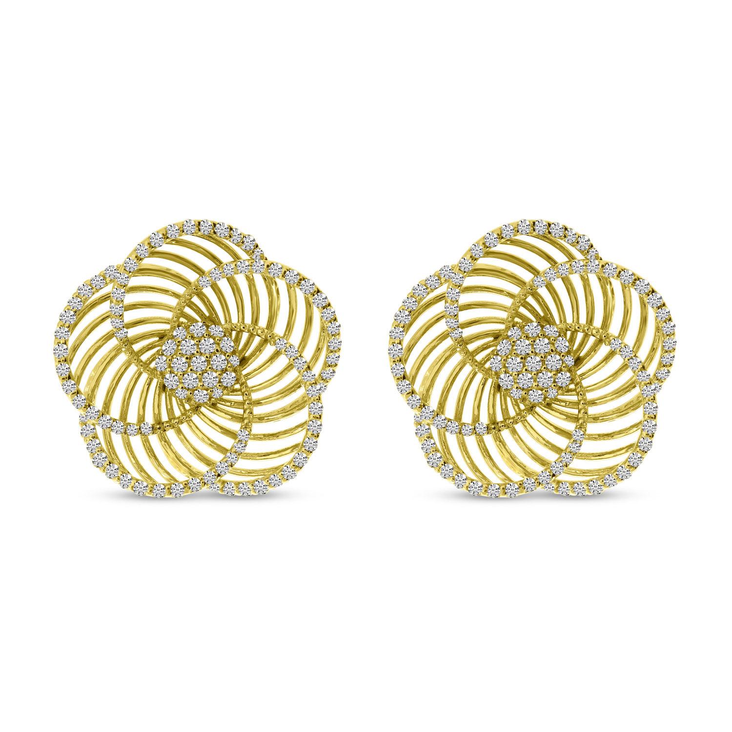 14K Yellow Gold Diamond Lightweight Floral Stud Earrings