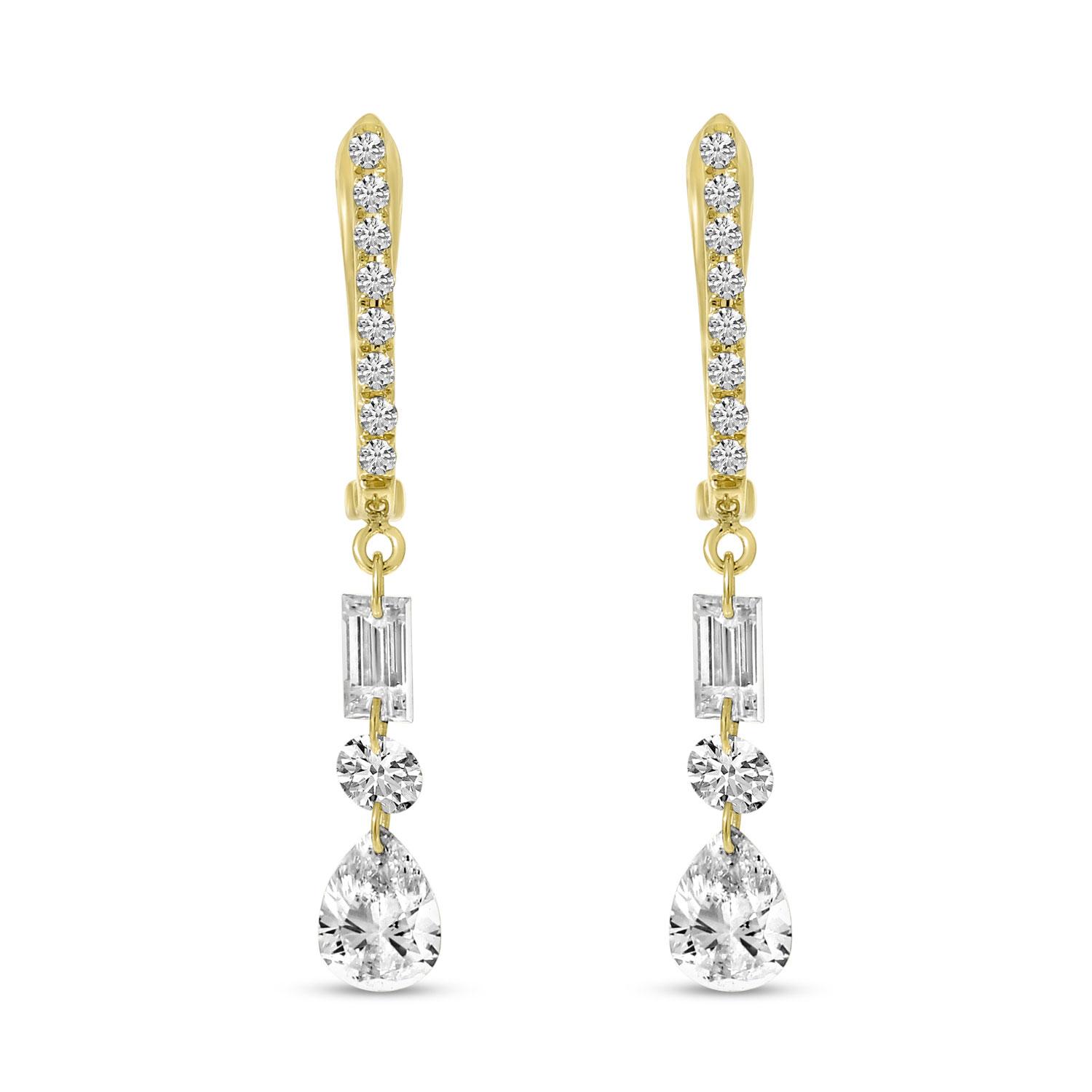 14K Yellow Gold Dashing Diamond Baguette, Round and Pear Diamond Drop Earrings