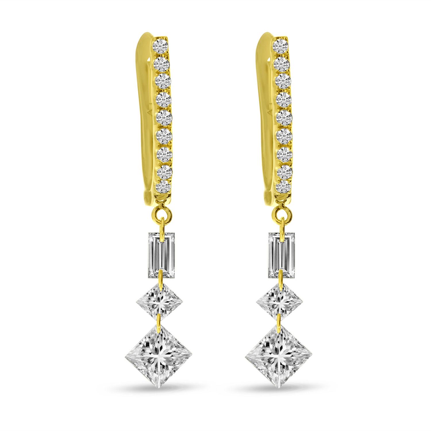 14K Yellow Gold Dashing Diamond Baguette and Princess Diamond Drop Earrings