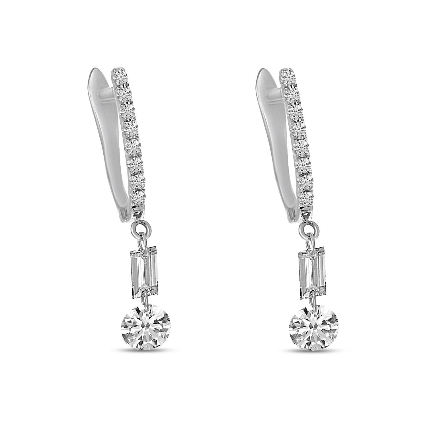 14K White Gold Dashing Diamond Round and Baguette Diamond Dangle Earrings