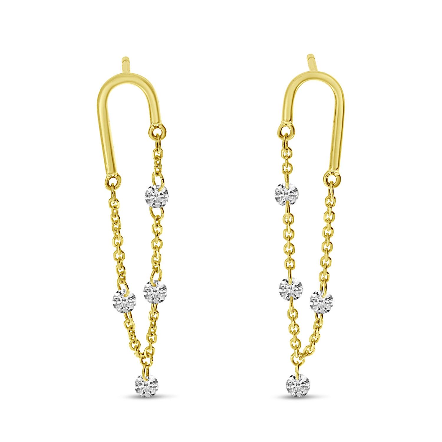 14K Yellow Gold Dashing Diamond U Shape Diamond Dangle Earrings