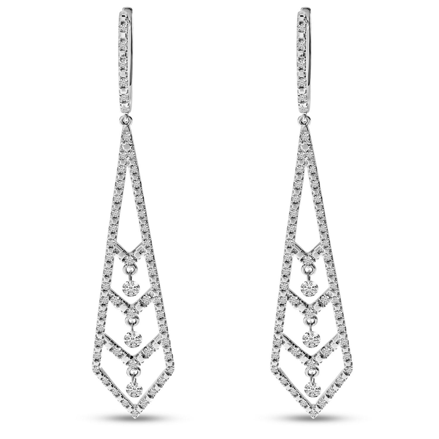 14K White Gold Dashing Diamond Herringbone Dangle Diamond Earrings