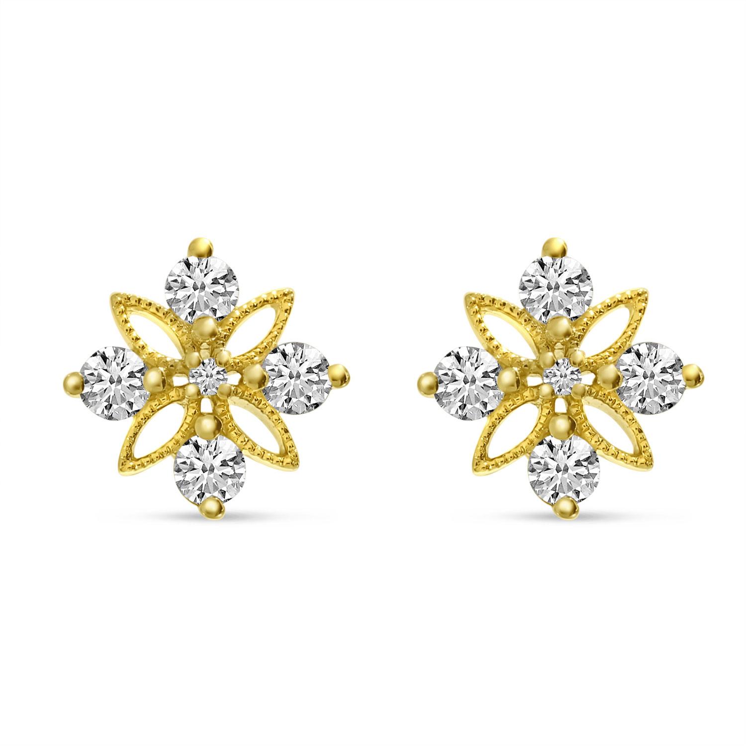 14K Yellow Gold Diamond Floral Stud Earrings
