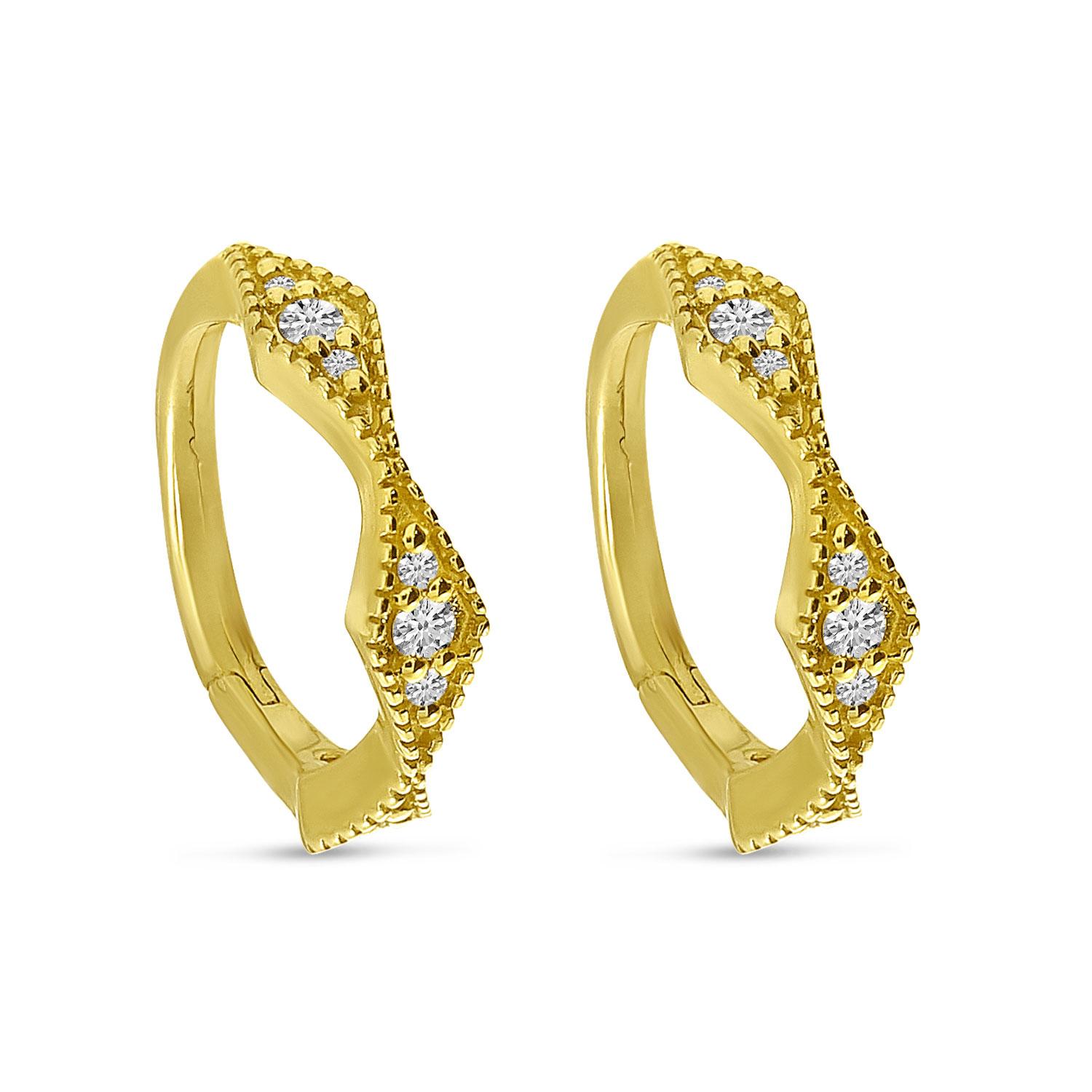 14K Yellow Gold Diamond Millgrain Huggie Earrings