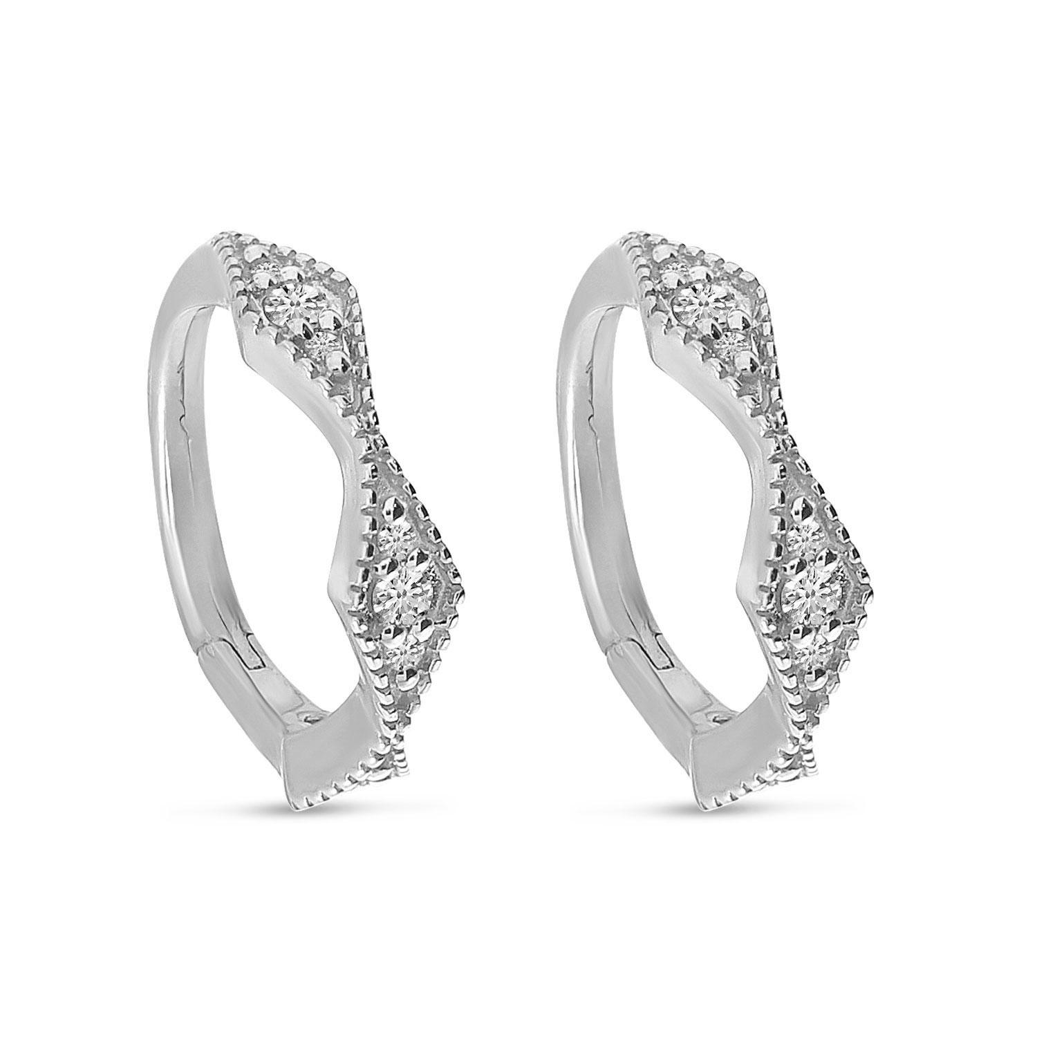 14K White Gold Diamond Millgrain Huggie Earrings