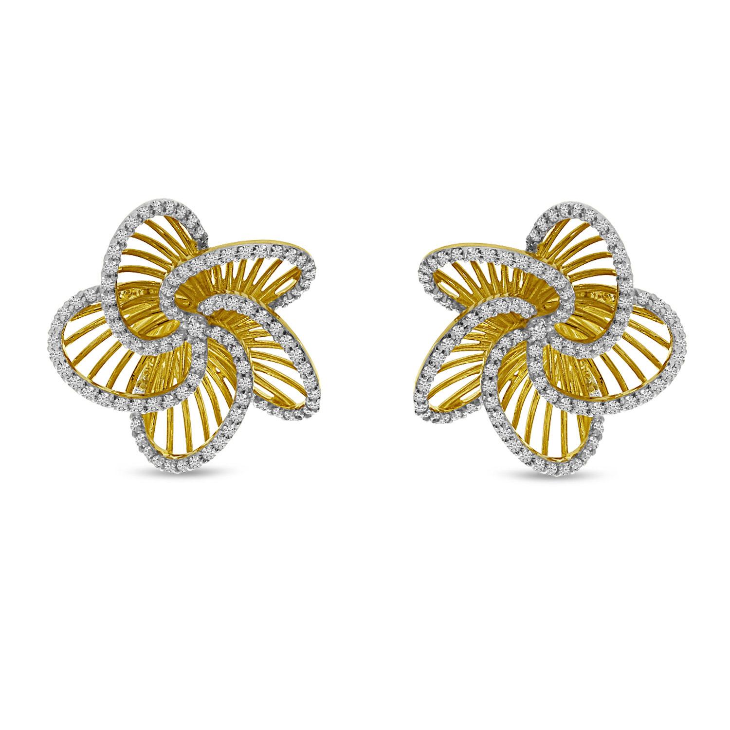 14K Yellow Gold Diamond Basketweave Floral Post Earrings