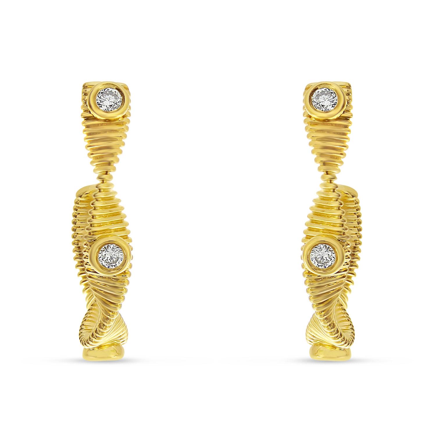 14K Yellow Gold Diamond Fluted Twisted Hoop Earrings