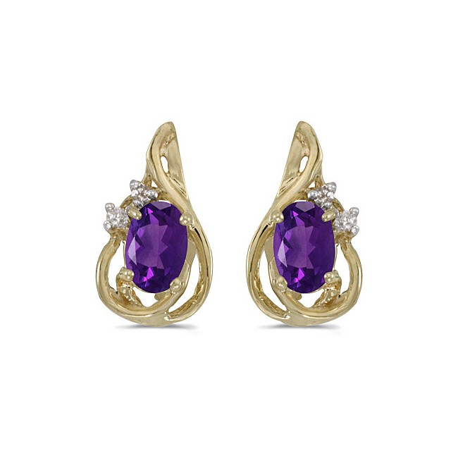 14k Yellow Gold Oval Amethyst And Diamond Teardrop Earrings